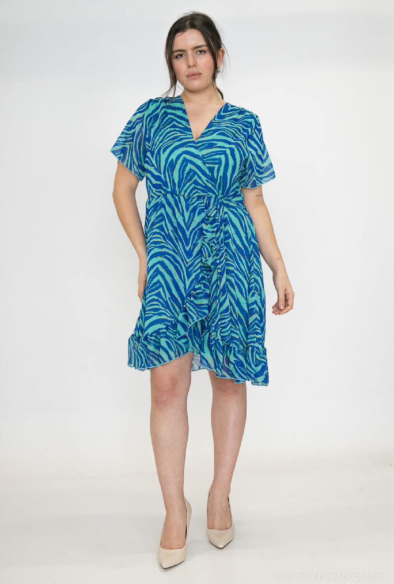 Großhändler Lilie Plus - Kurzes Wickelkleid mit Zebramuster in Blau und Grün in Übergröße