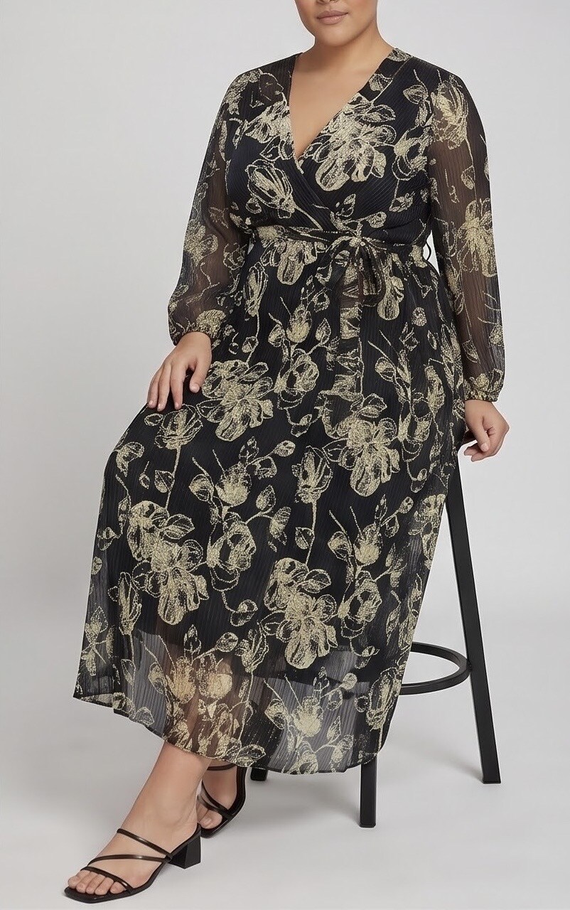 Großhändler Lilie Plus - Langes Kleid mit Print und Gold für Party in Übergröße lxl xlxxl