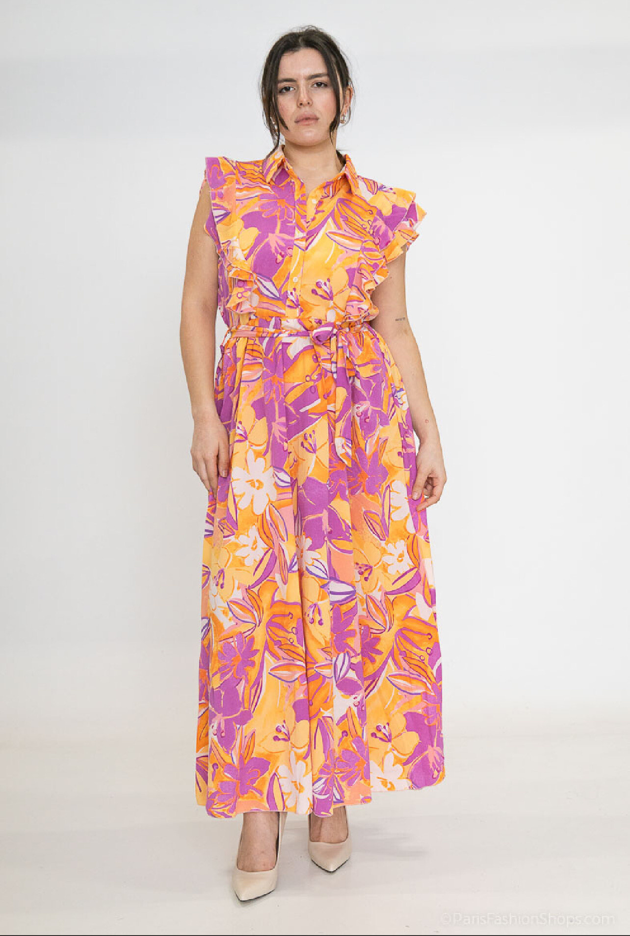 Wholesaler Lilie Plus - Plus Size Yellow and Pink Tropical Print Maxi Dress