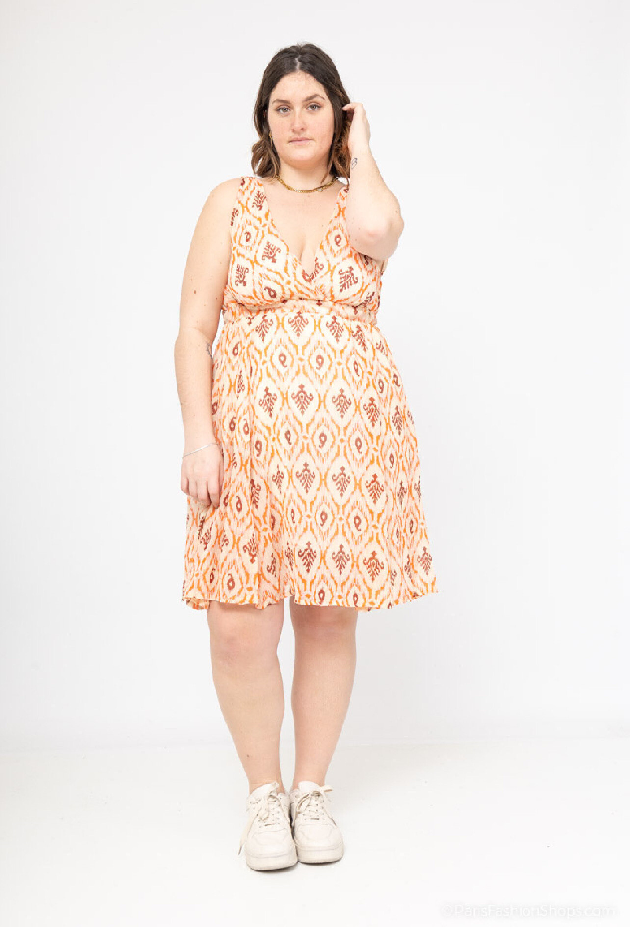 Wholesaler Lilie Plus - Plus size orange ikat pattern short dress