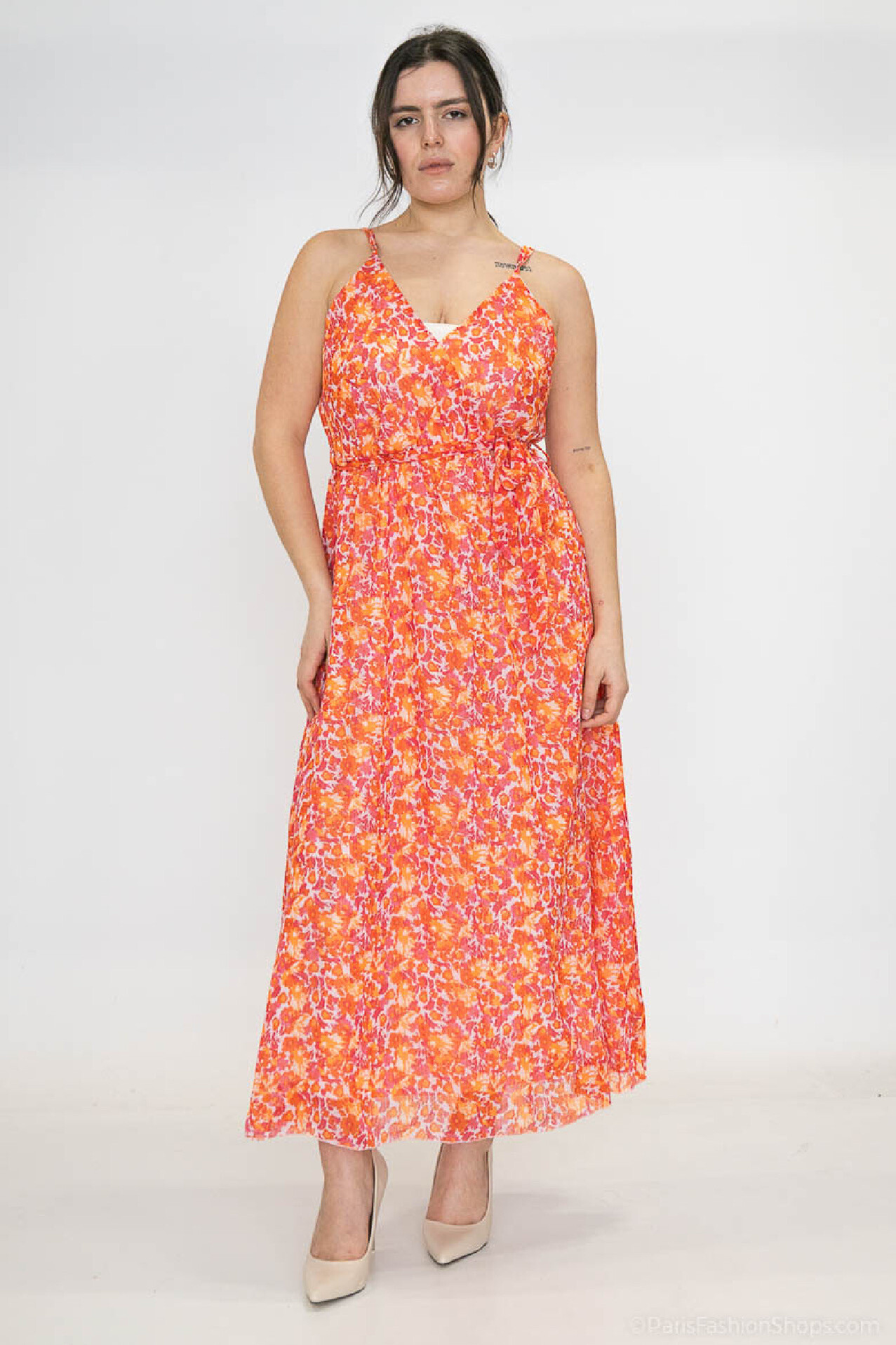 Wholesaler Lilie Plus - Plus Size Orange and Pink Floral Print Maxi Dress