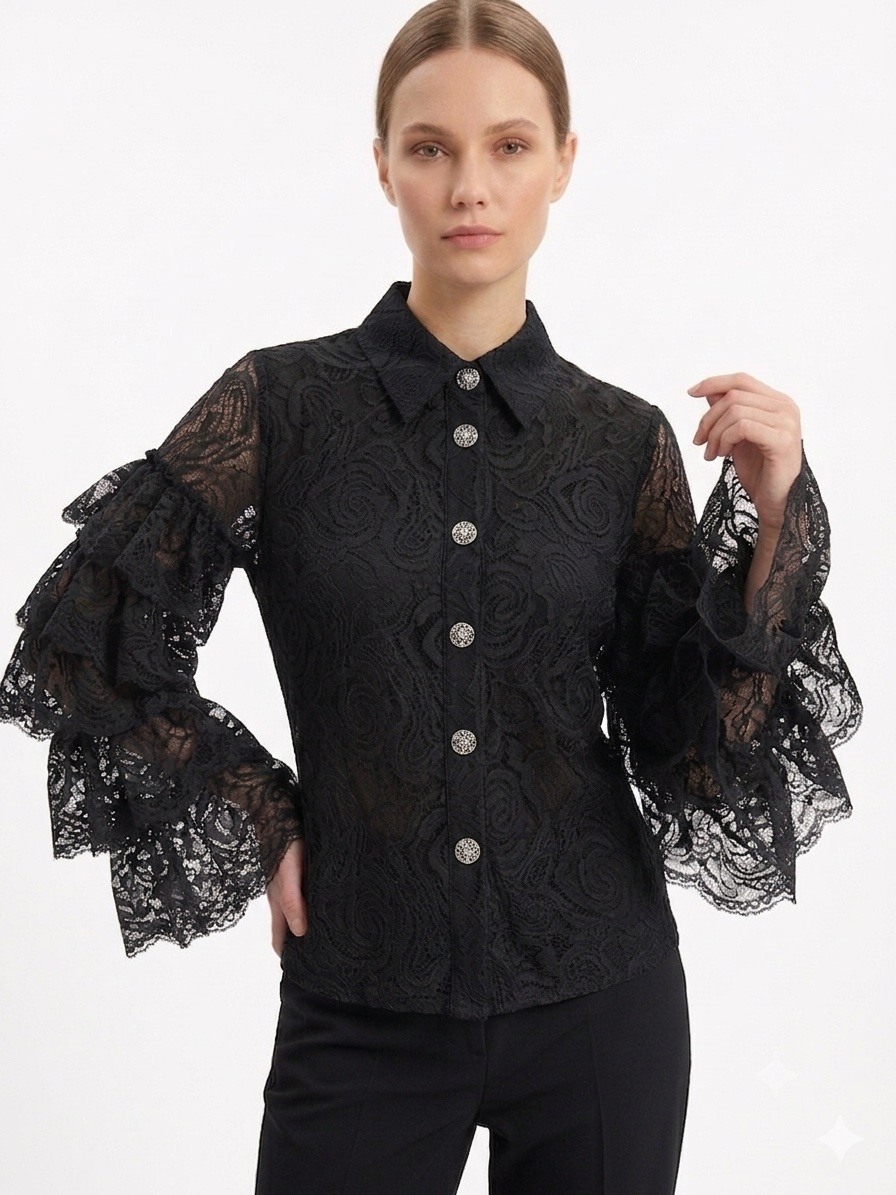 Grossiste Lilie Rose - Chemise en dentelle élégante à manches volantées