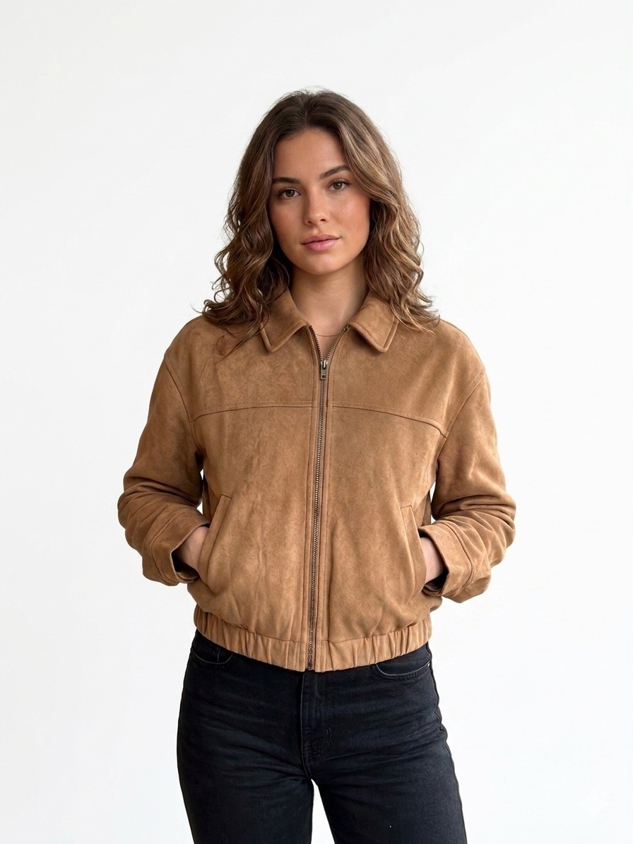 Grossiste Lilie Rose - Veste courte en suédine à col chemise, fermeture zippée, poches latérales discrètes et taille élastiquée pour un style casual et élégant.