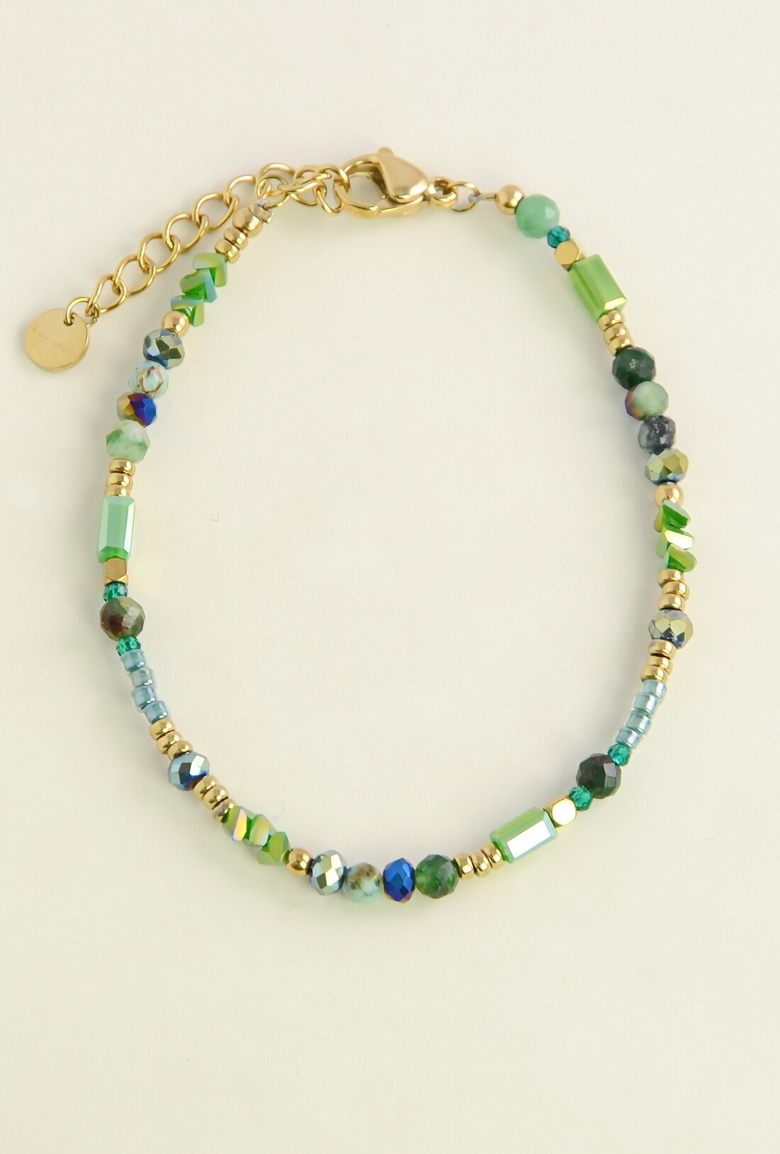 Mayorista LILY CONTI - Pulsera dorada de acero inoxidable con piedras facetadas y cuentas de rocalla