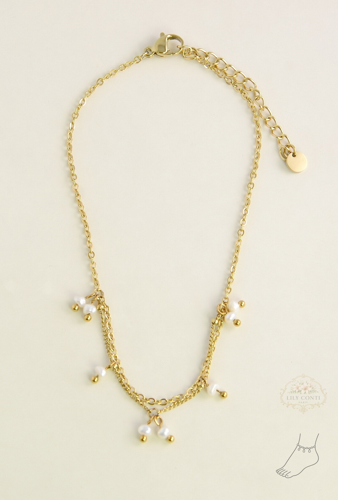 Mayorista LILY CONTI - Tobillera de acero inoxidable dorado con perlas de agua dulce