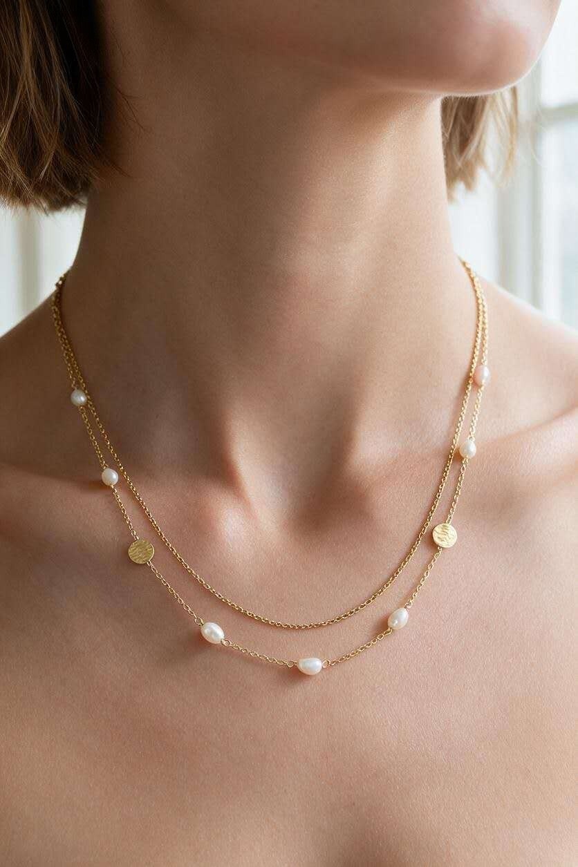 Grossiste LILY CONTI - Collier double rang en acier inoxydable doré avec perles d'eau douce