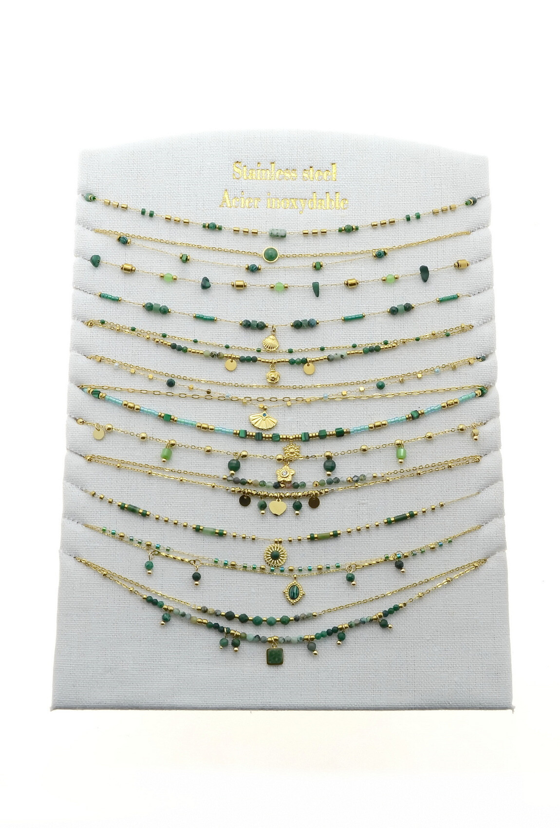 Grossiste LILY CONTI - Lot de 12 colliers-Acier inoxydable-Pierres naturelles et autres matériaux