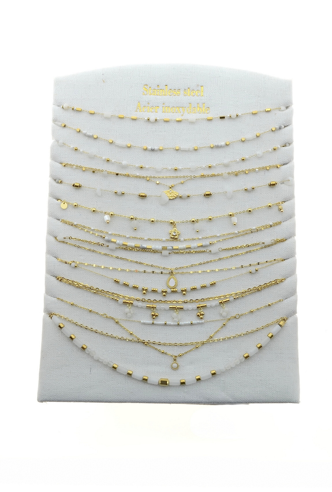 Grossiste LILY CONTI - Lot de 12 colliers-Acier inoxydable-Pierres naturelles et autres matériaux