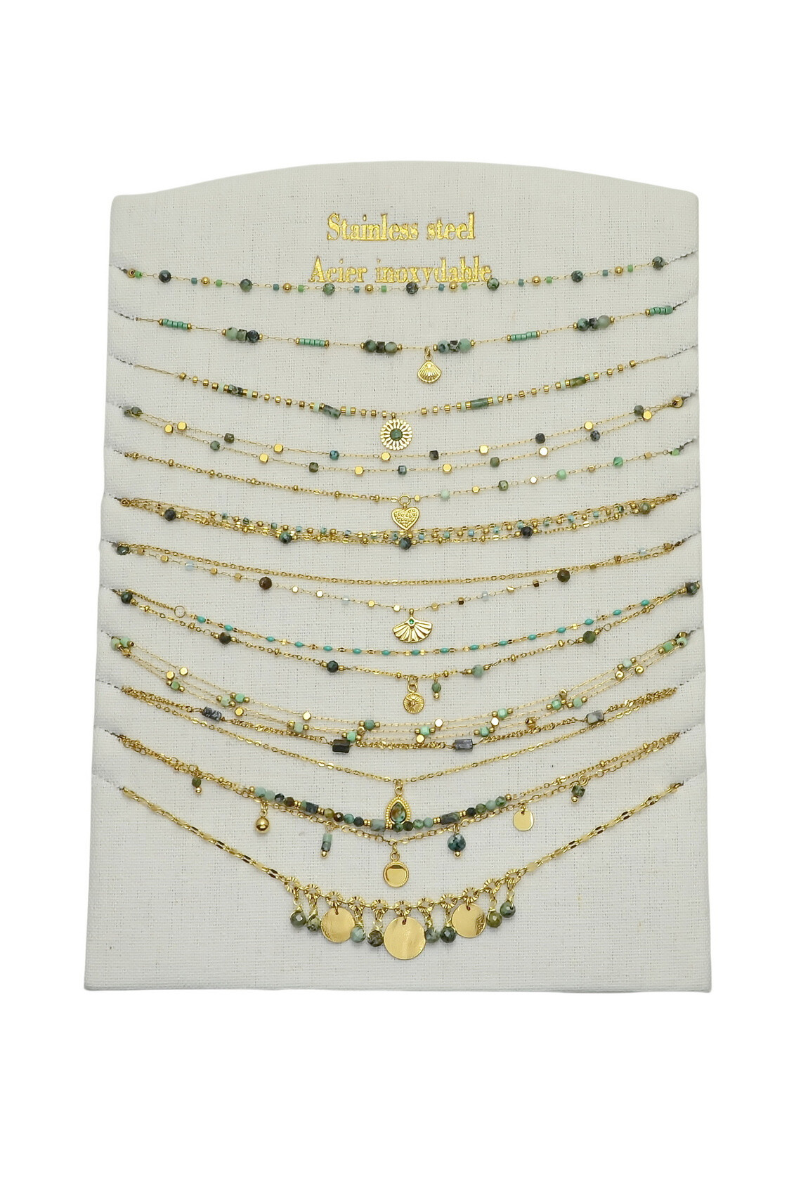 Grossiste LILY CONTI - Lot de 12 colliers-Acier inoxydable-Pierres naturelles et autres matériaux