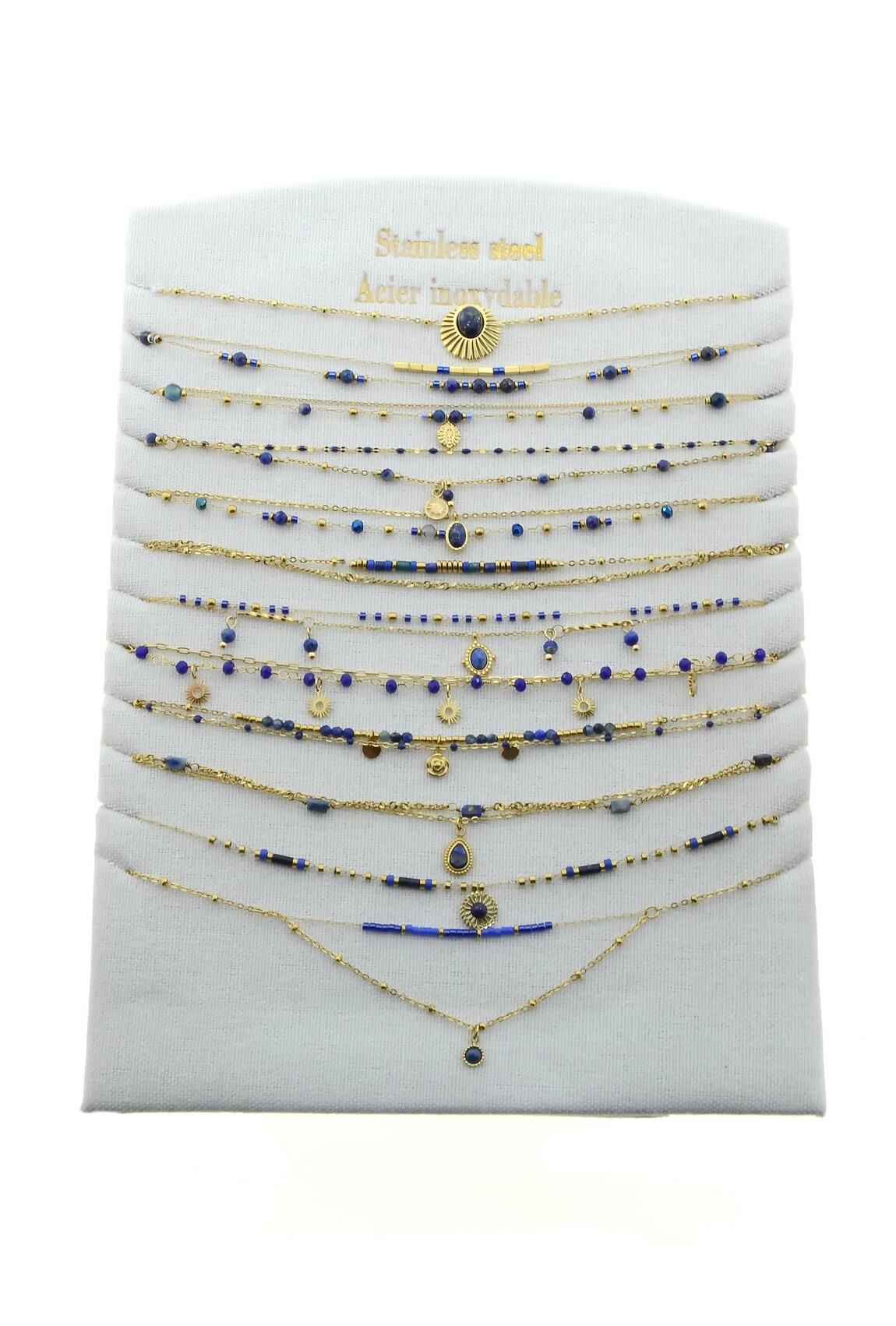 Grossiste LILY CONTI - Lot de 12 colliers-Acier inoxydable-Pierres naturelles et autres matériaux