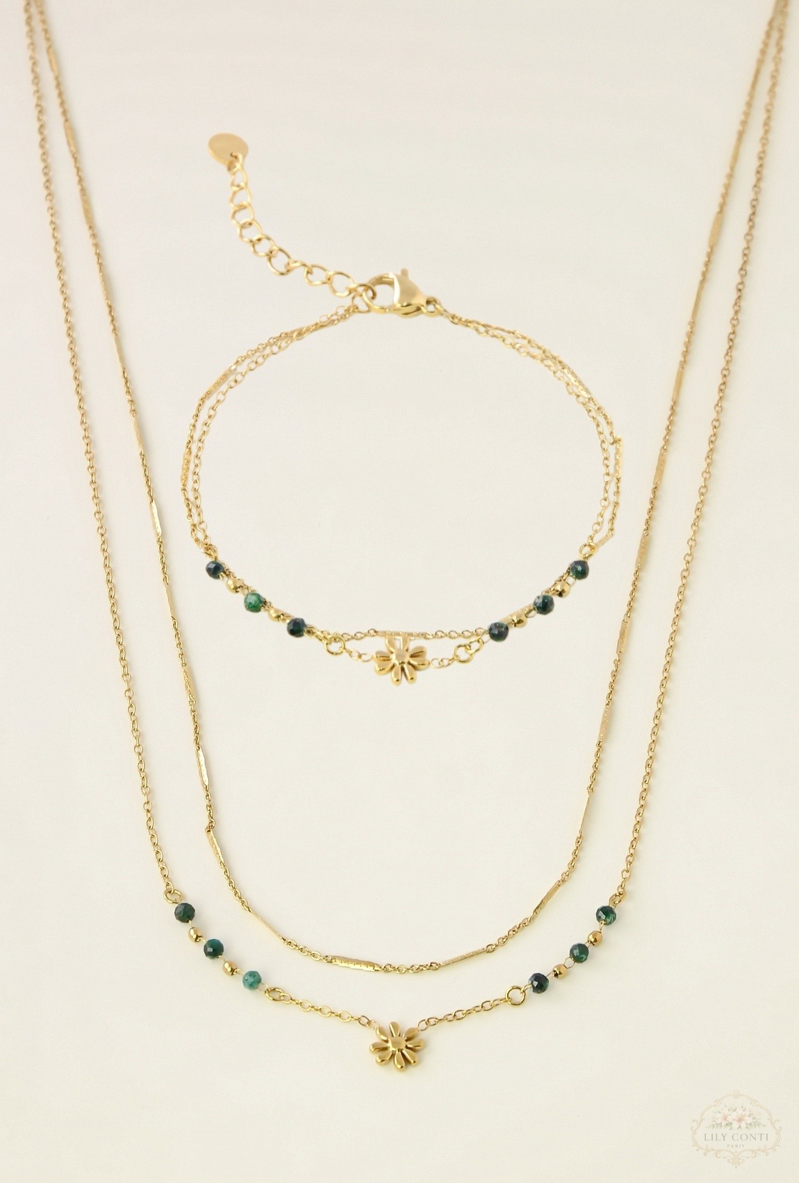 Grossiste LILY CONTI - Parure 2 pièces – Collier et Bracelet – Acier inoxydable doré – Pierres naturelles