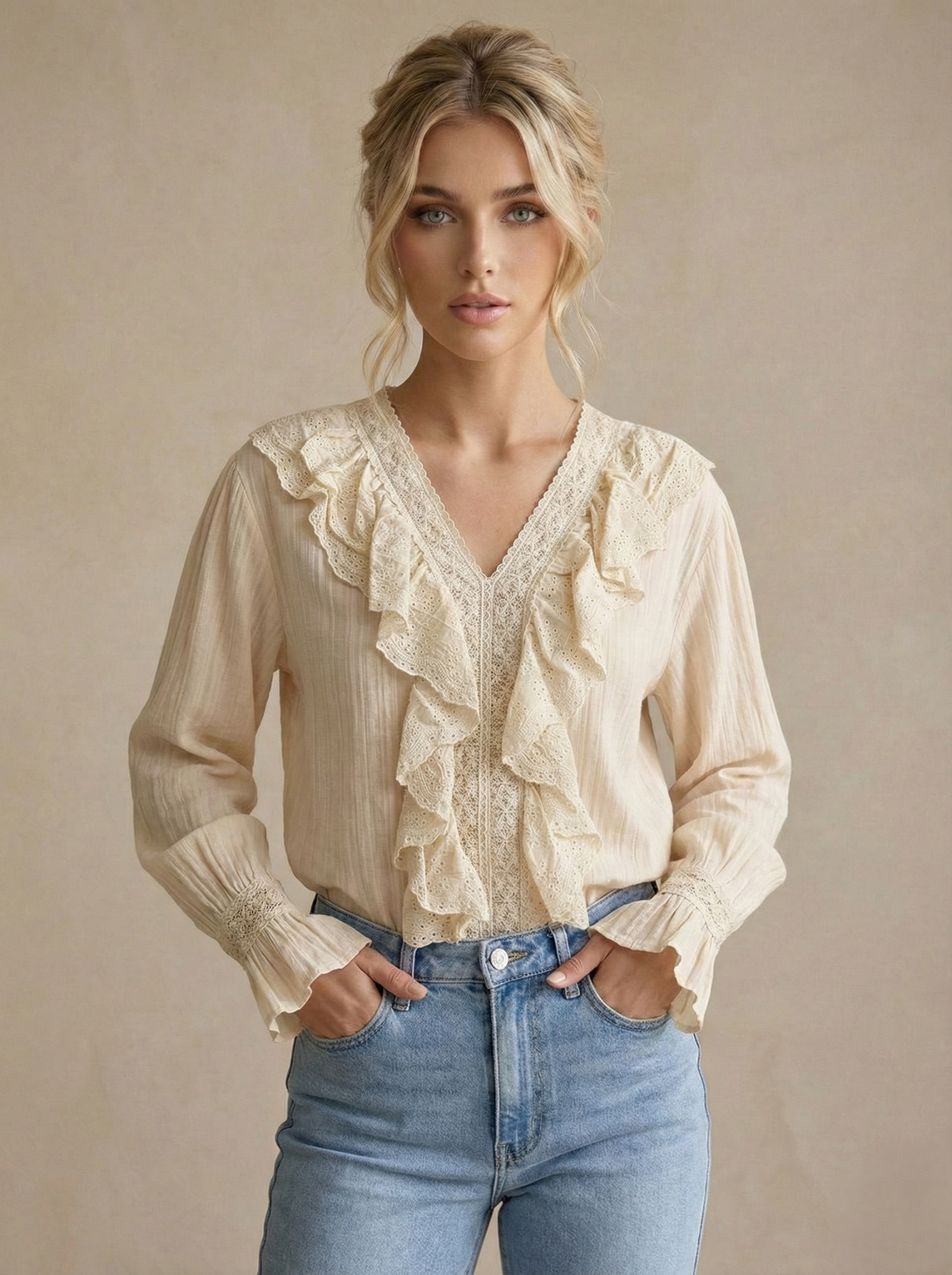 Wholesaler Lily Mcbee - Bohemian Nostalgia Blouse – Crinkled Cotton, English Embroidery Ruffles & Jewel Cuffs