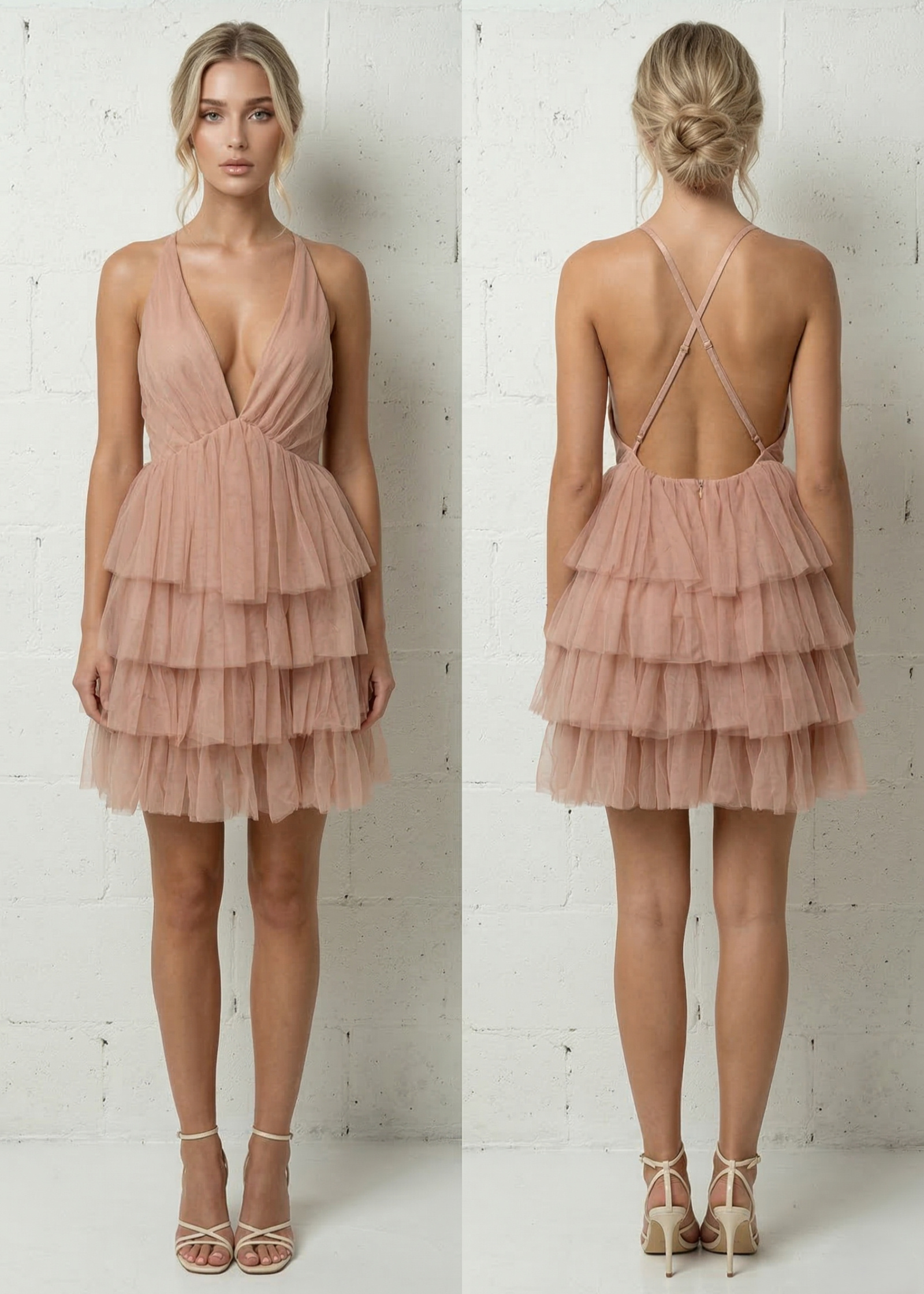 Grossista Lily Mcbee - Abito Corto in Tulle Rosa Cipria con Scollo a V e Schiena Incrociata