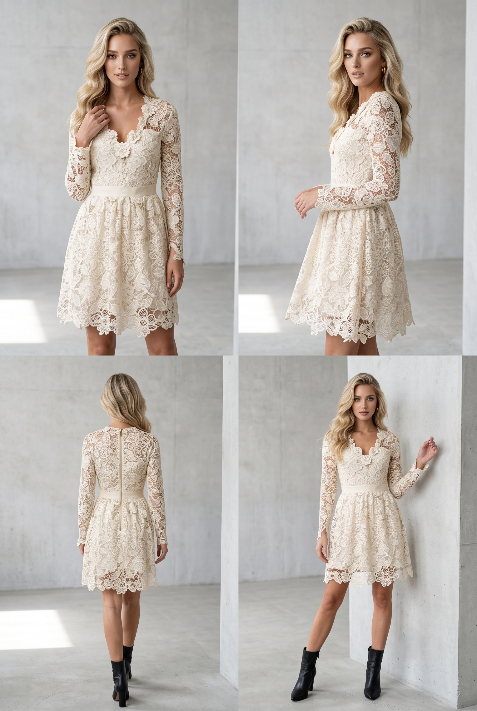 Wholesaler Lily Mcbee - Short Ecru Floral Guipure Dress with Scalloped Neckline
