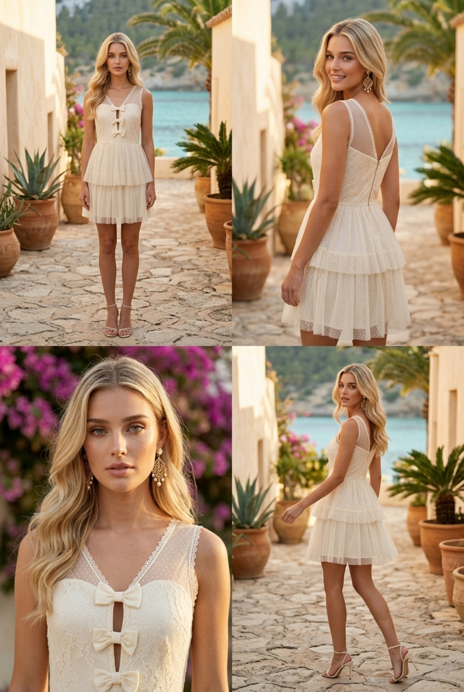 Mayorista Lily Mcbee - Vestido de Cóctel con Lazos y Volantes - Tul de Lunares Crema