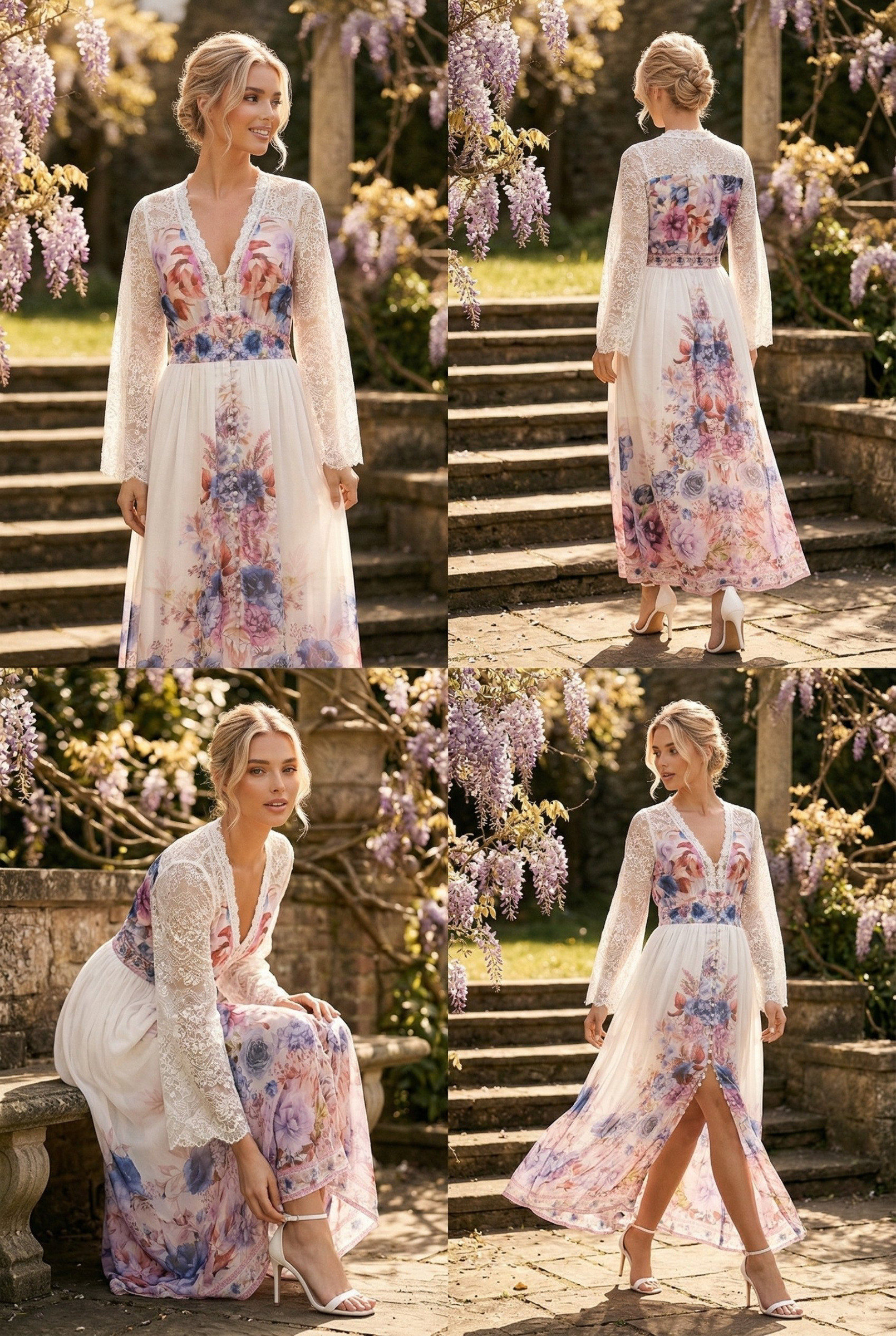 Mayorista Lily Mcbee - Vestido Glicina – Floral Bohemio Violeta & Mangas de Encaje