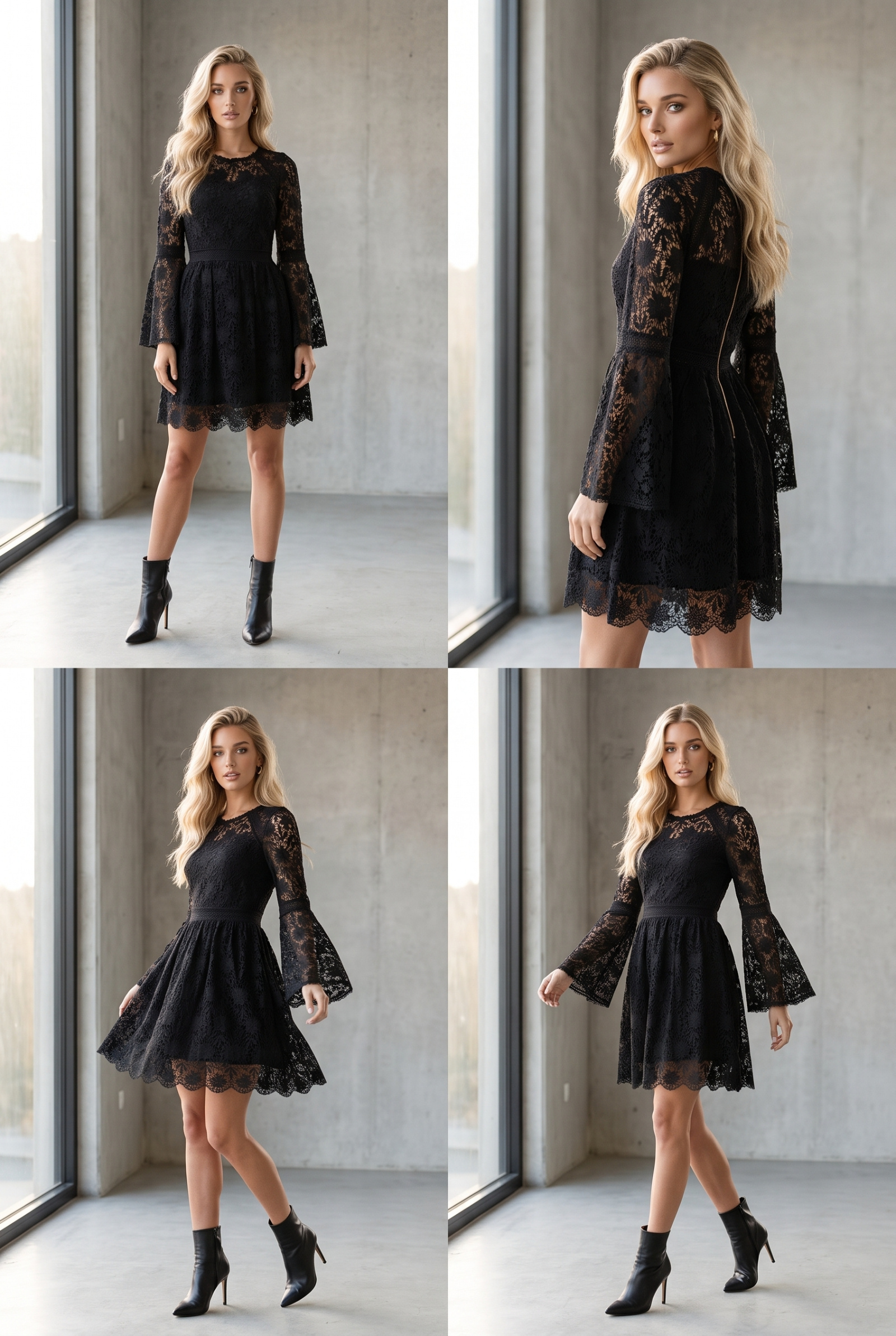 Grossista Lily Mcbee - Abito corto in pizzo floreale con maniche svasate – Nero
