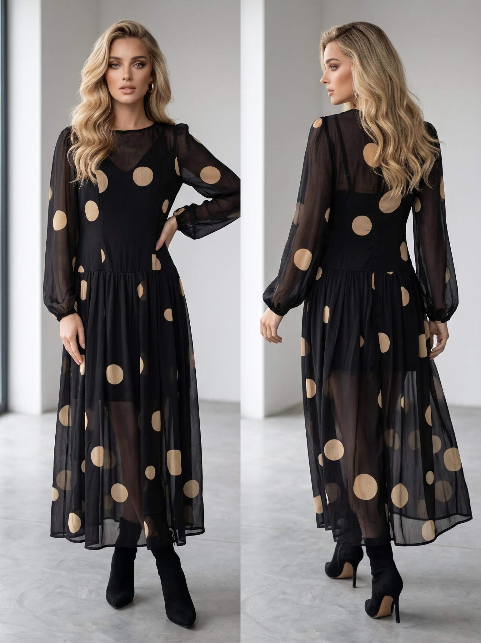 Großhändler Lily Mcbee - Fließendes langes schwarzes Chiffonkleid mit großen beigen Punkten und transparenten Details