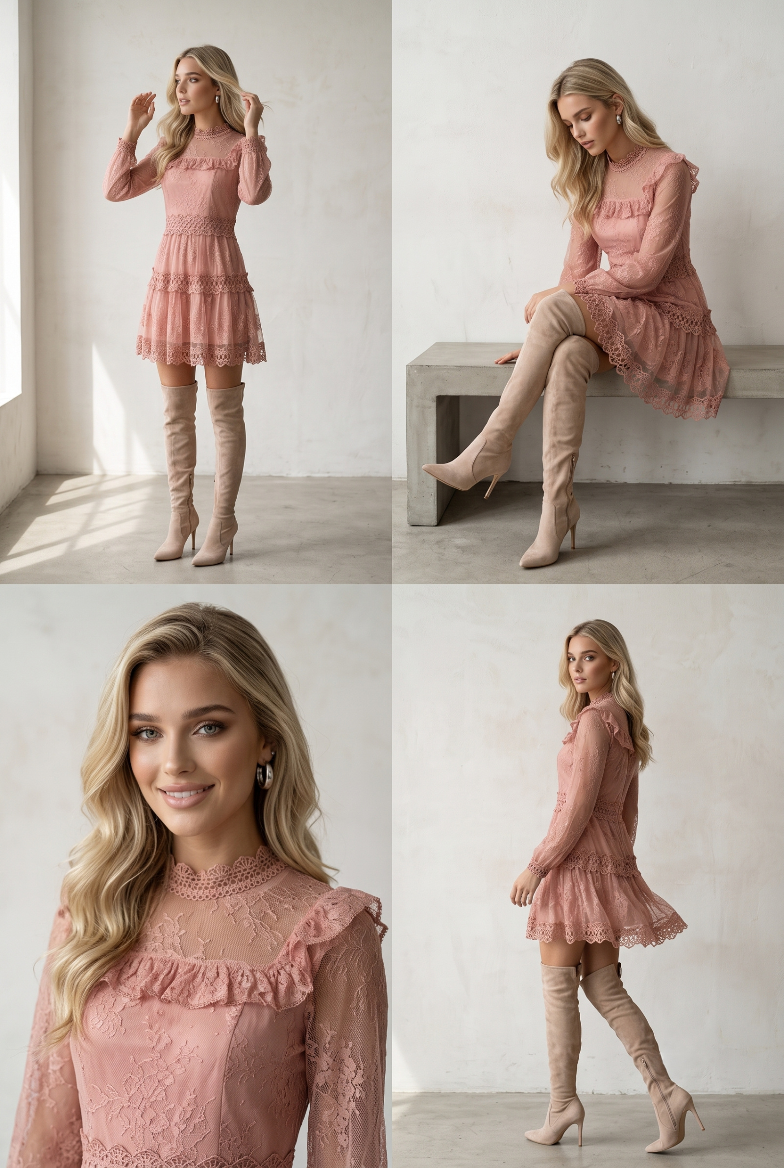 Grossiste Lily Mcbee - Robe courte en dentelle & tulle à col montant et plastron volanté – Rose Poudré