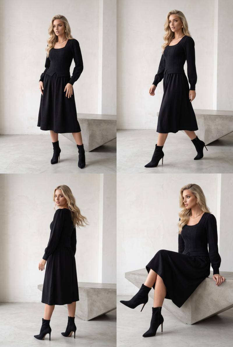Grossista Lily Mcbee - Abito nero di media lunghezza in maglia intrecciata e scollo quadrato