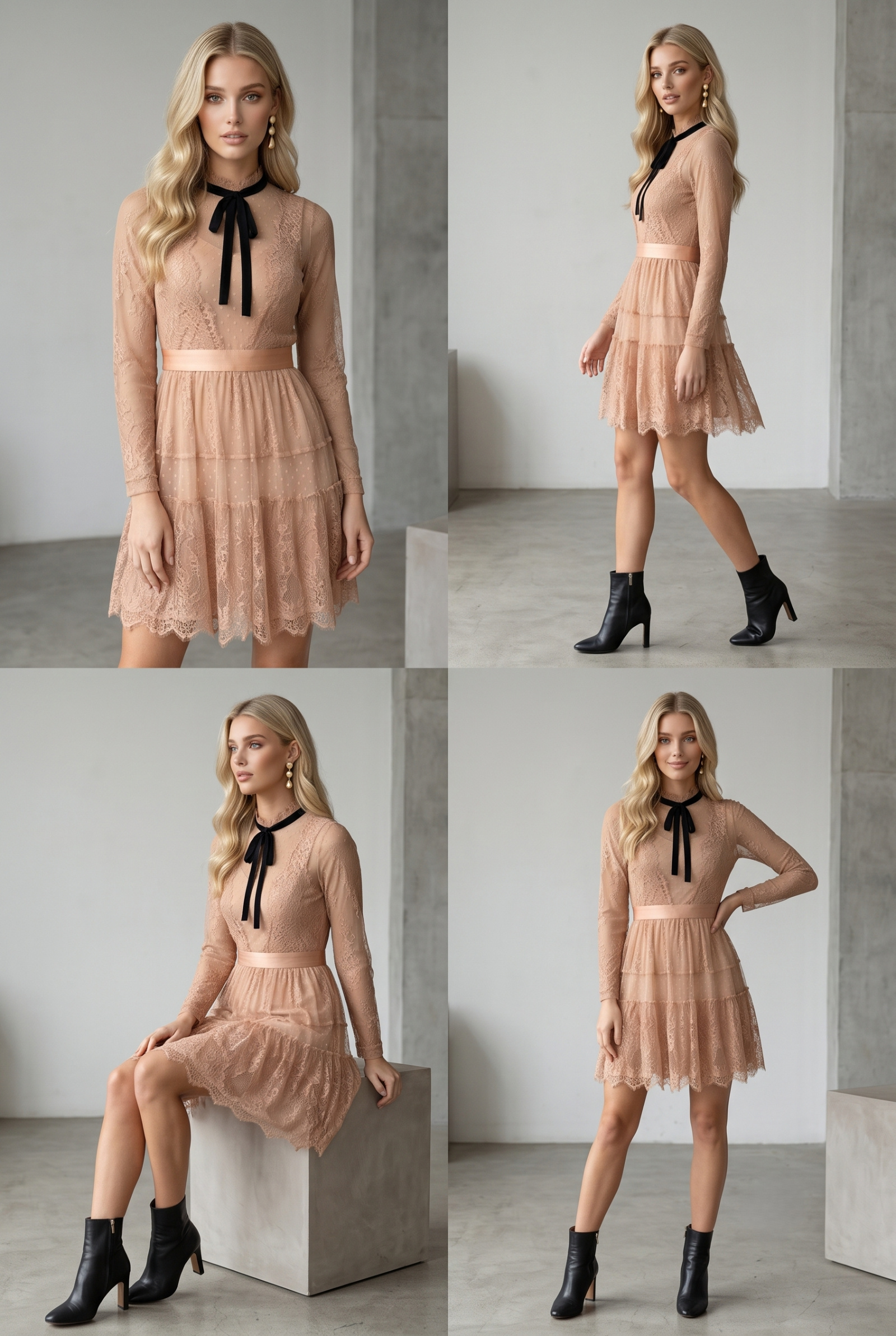 Grossiste Lily Mcbee - Robe Courte Nude en Dentelle & Plumetis avec Lien Col Velvet