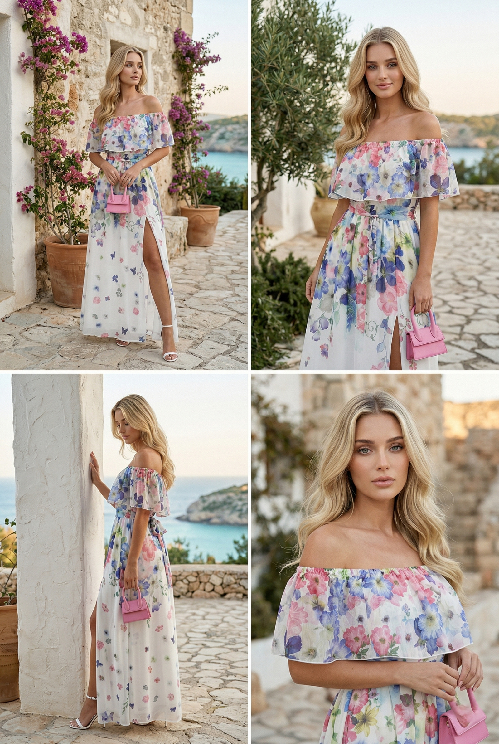 Großhändler Lily Mcbee - Pastellfarbenes Blumen-Maxikleid mit Bardot-Ausschnitt und Schlitz