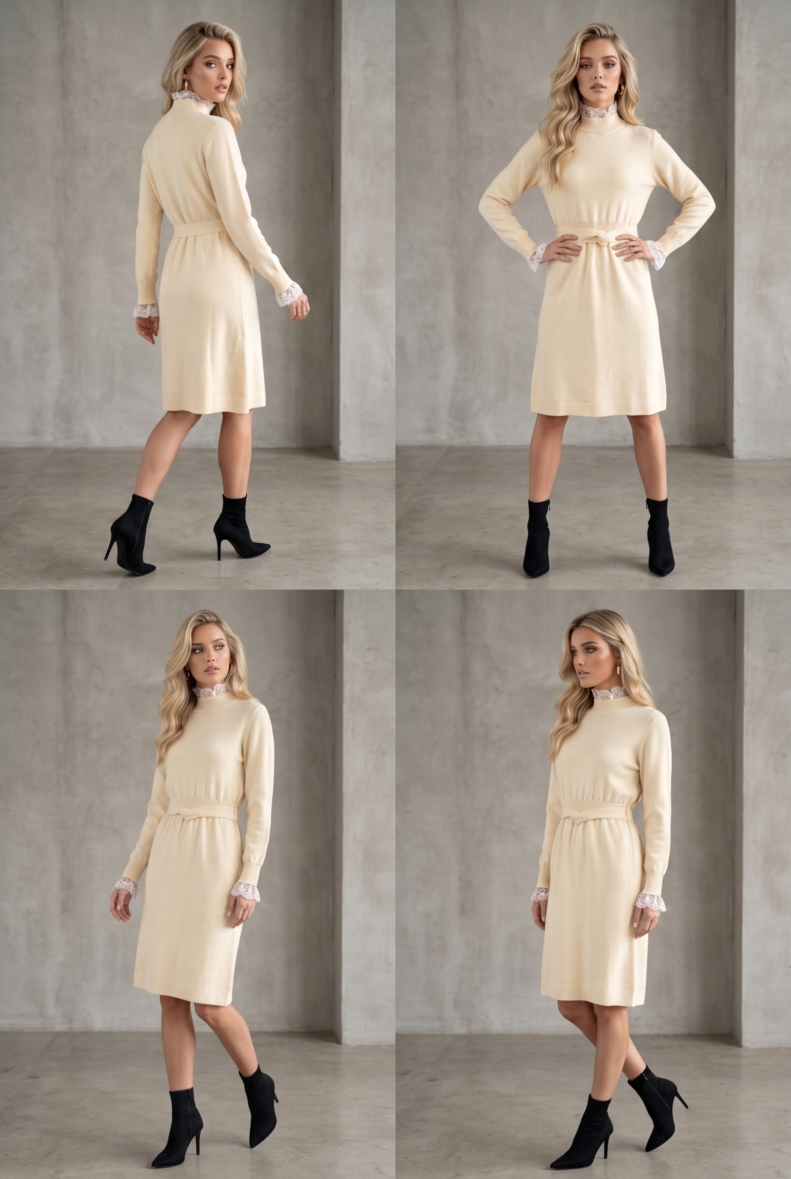 Grossista Lily Mcbee - Abito color crema a collo alto con dettagli in pizzo e cintura