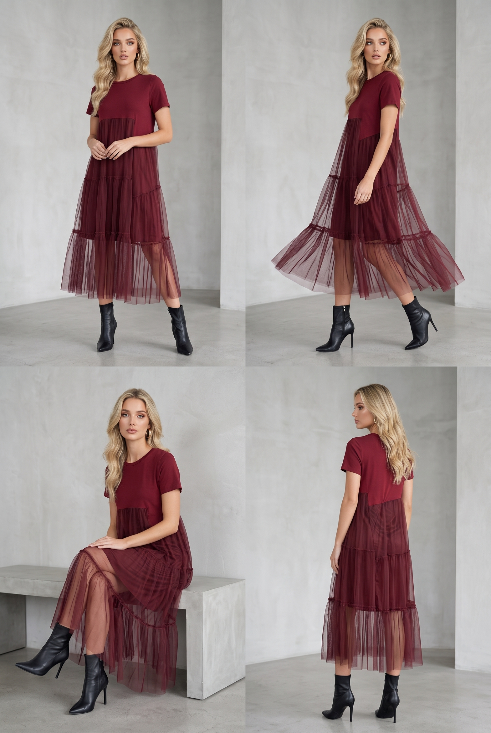 Grossista Lily Mcbee - Abito bicolore con t-shirt e tulle asimmetrico bordeaux