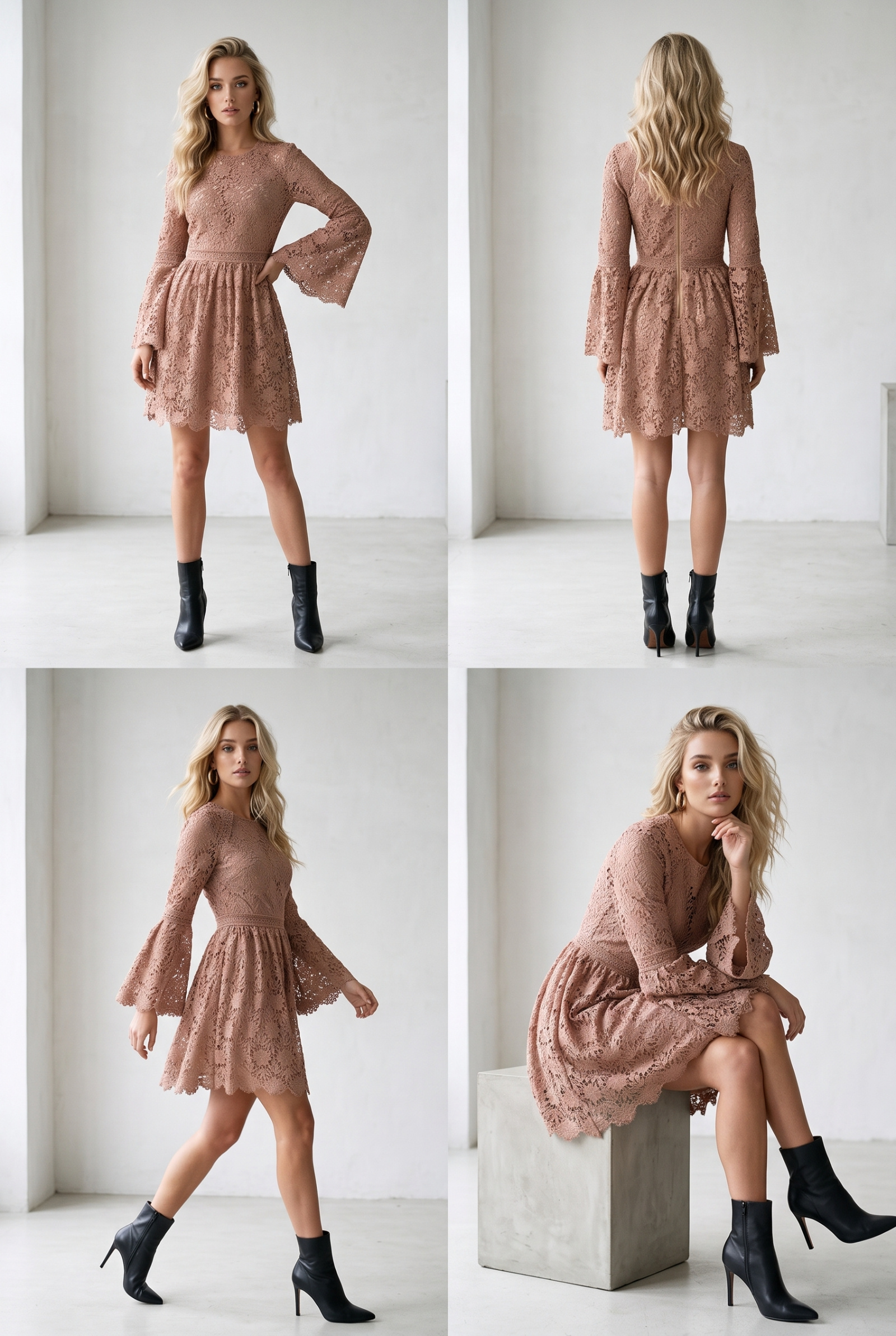 Wholesaler Lily Mcbee - Short floral lace dress with flared sleeves – Nude
