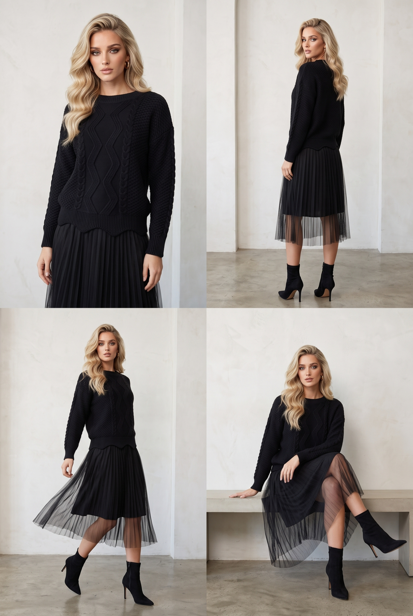 Grossista Lily Mcbee - Completo 2 pezzi: maglione nero a trecce e gonna in tulle plissettata
