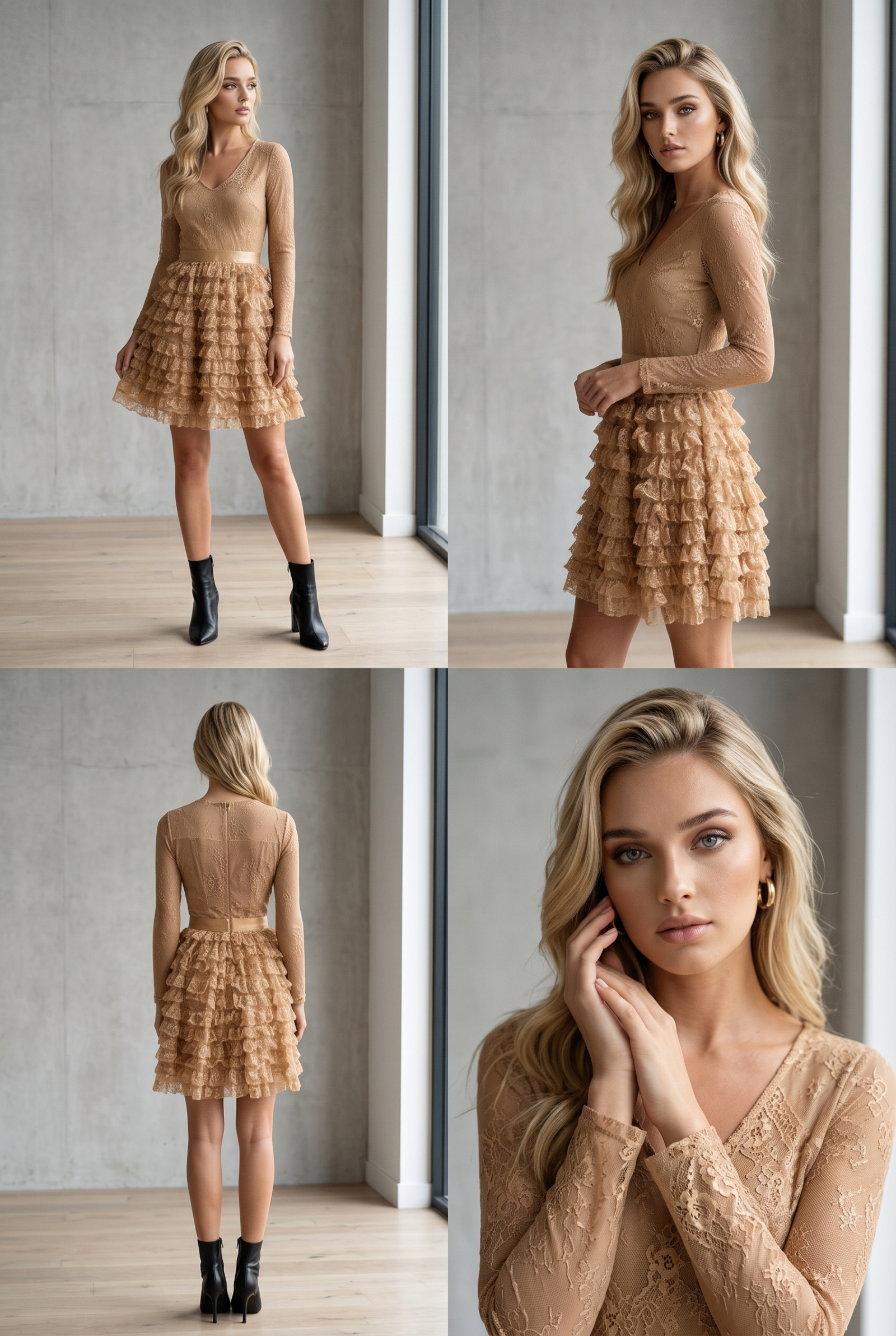 Grossiste Lily Mcbee - Robe Patineuse à Jupe Volantée en Guipure - Camel