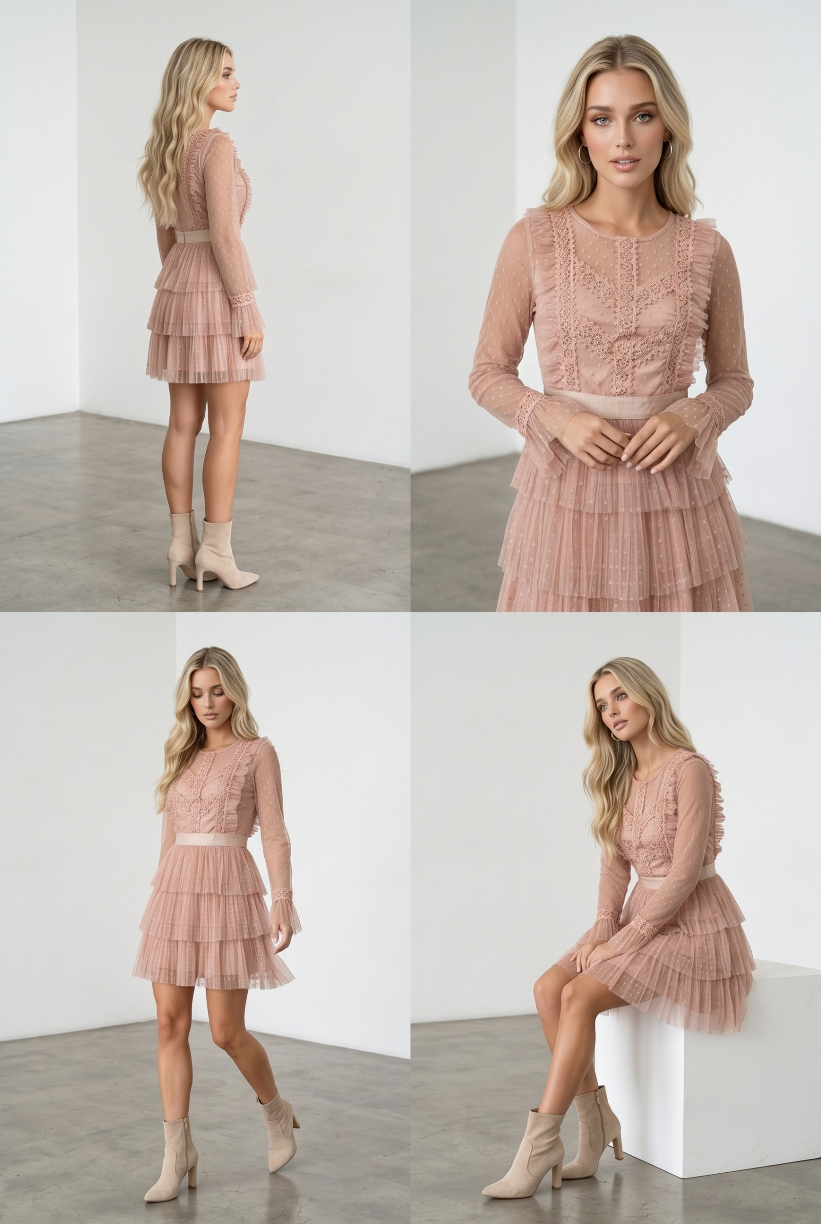 Grossiste Lily Mcbee - Robe courte en tulle plumetis & dentelle guipure à volants – Nude
