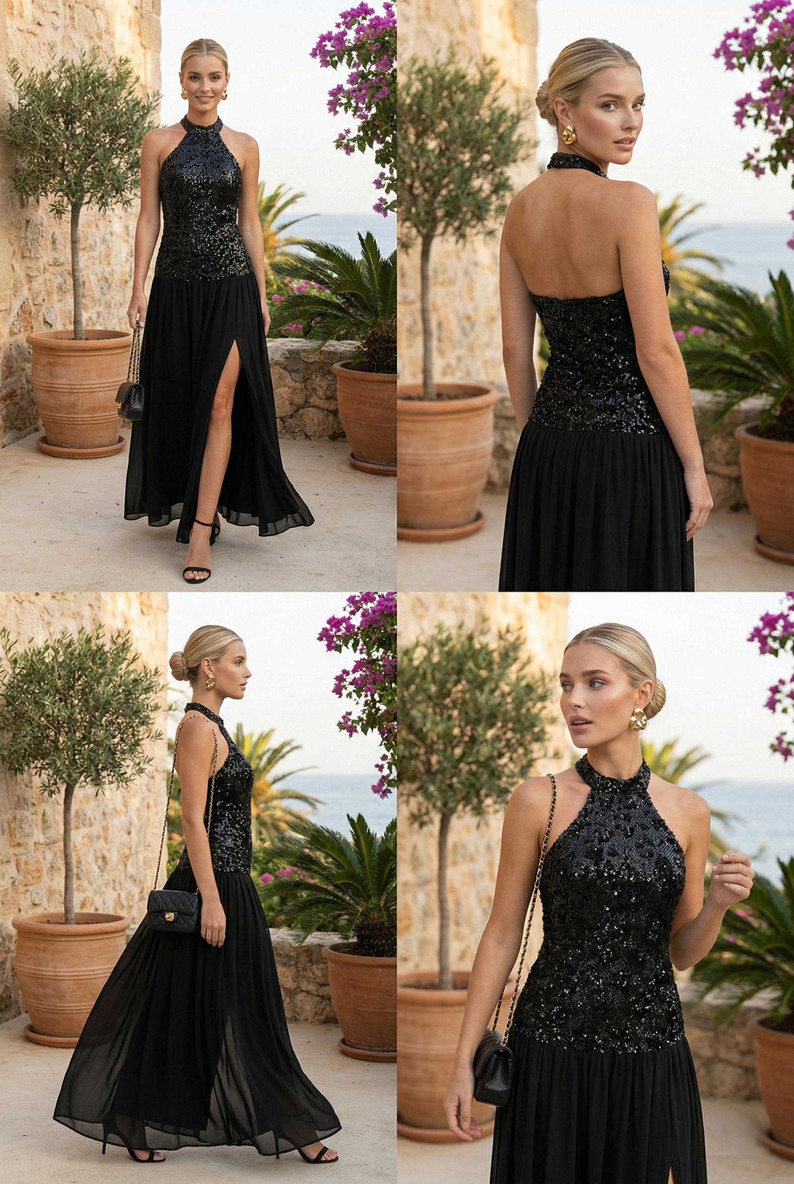 Wholesaler Lily Mcbee - Black Evening Gown with Slit and Sequined Bodice