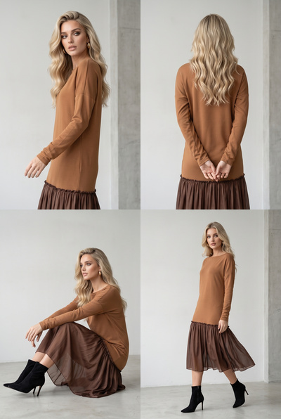 Großhändler Lily Mcbee - Zweiteiliges Kamelkleid mit Rüschenvolant Großhändler Lily Mcbee - Zweiteiliges Kamelkleid mit Rüschenvolant