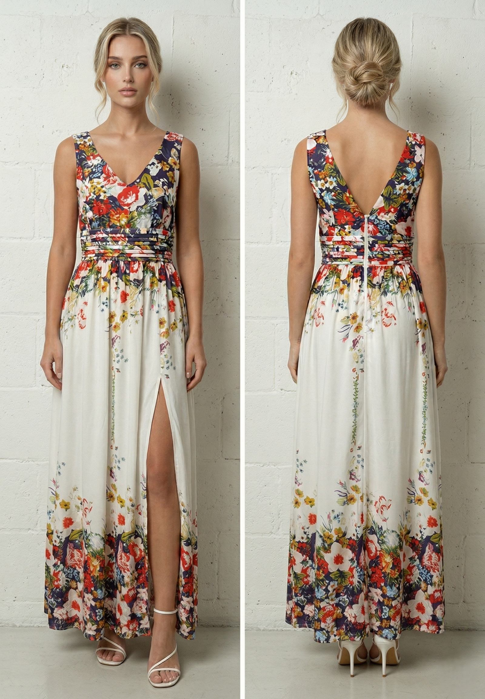 Wholesaler Lily Mcbee - White Long Dress with Multicolored Floral Print and Draped Belt