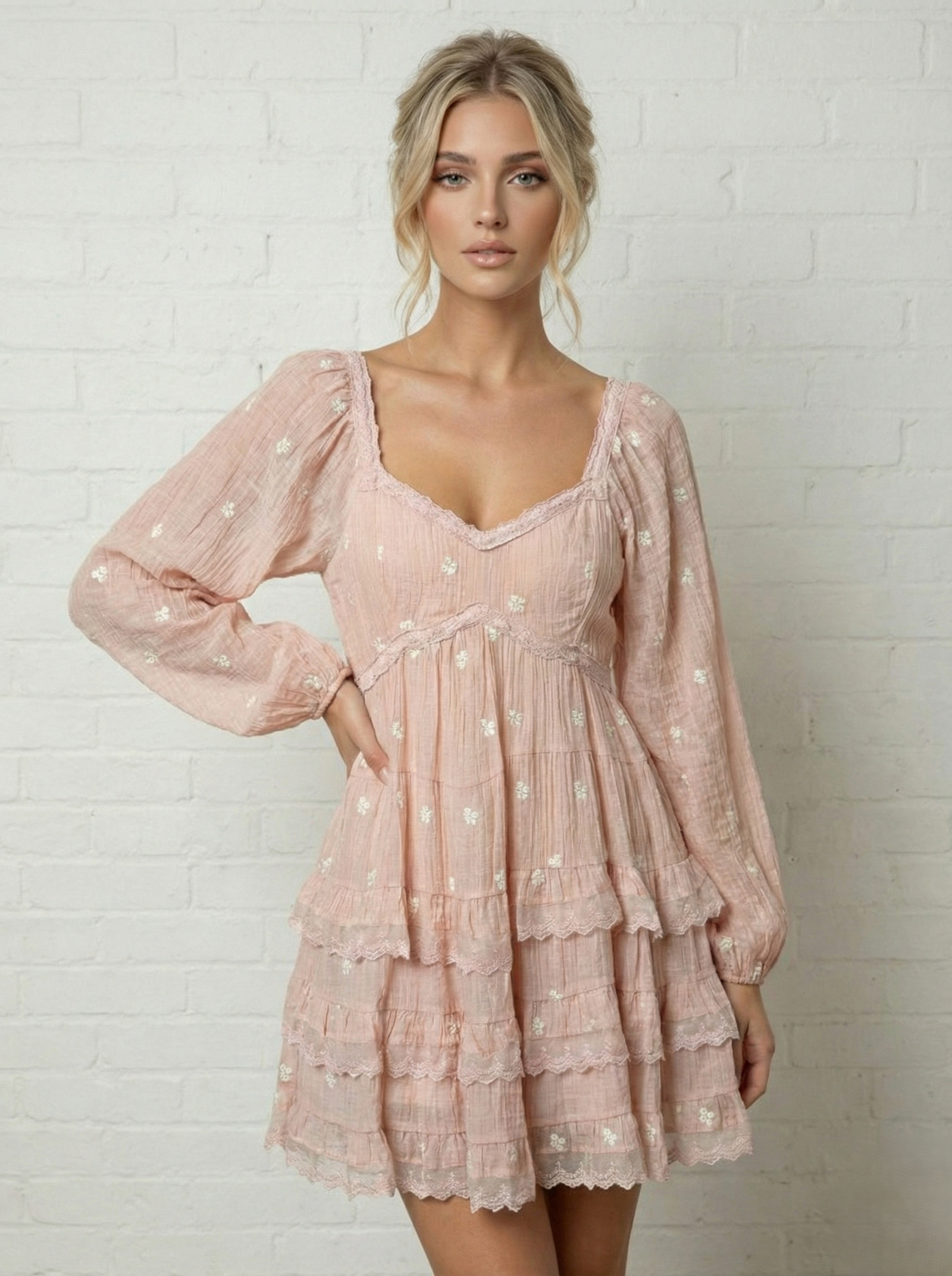 Wholesaler Lily Mcbee - Powder Pink Short Dress – Boho Chic & Embroidered Chiffon