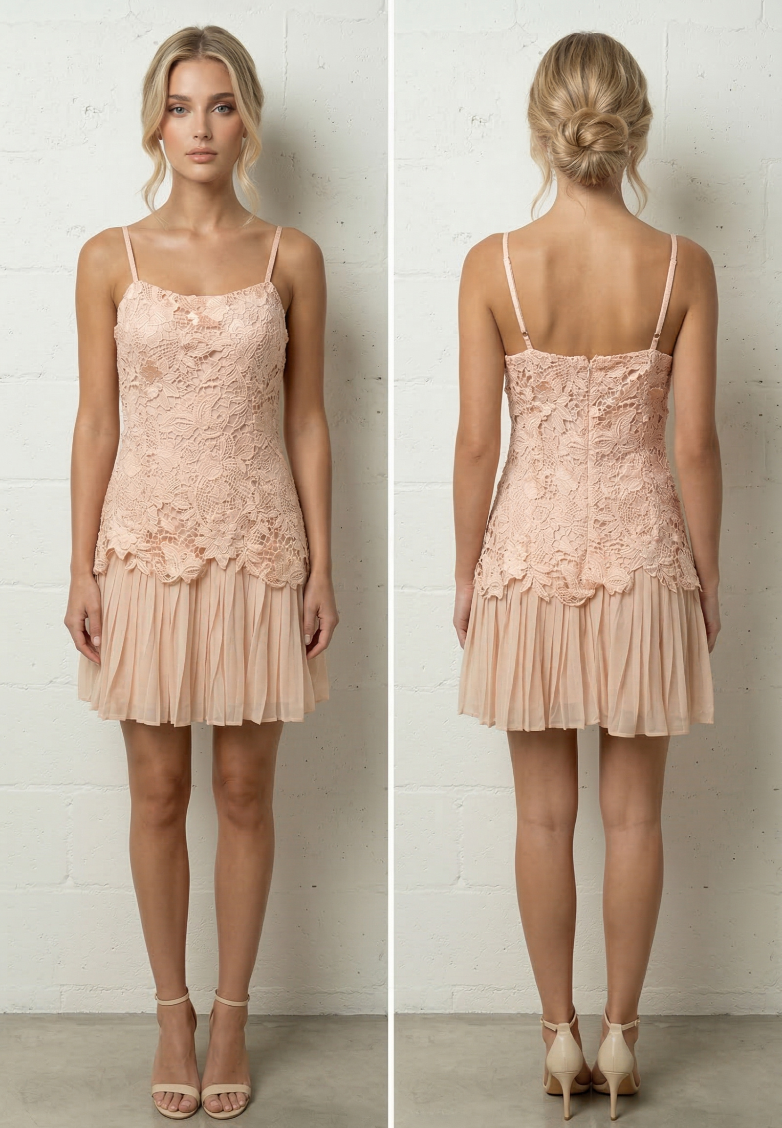 Mayorista Lily Mcbee - Vestido de Cóctel Corto de Encaje Rosa Empolvado con Falda Plisada