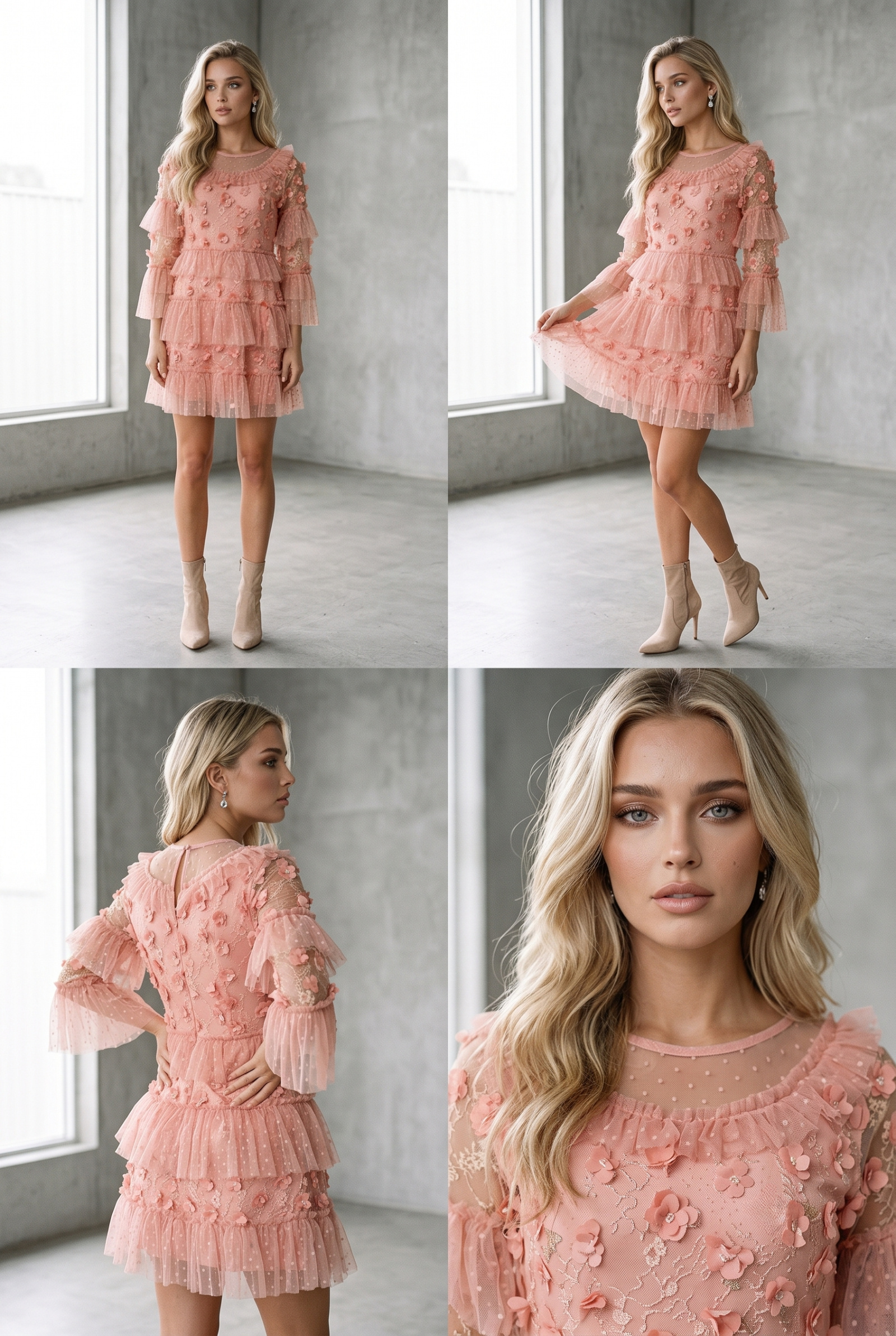 Grossista Lily Mcbee - Abito corto romantico con volant in tulle e fiori 3D – Rosa Cipria