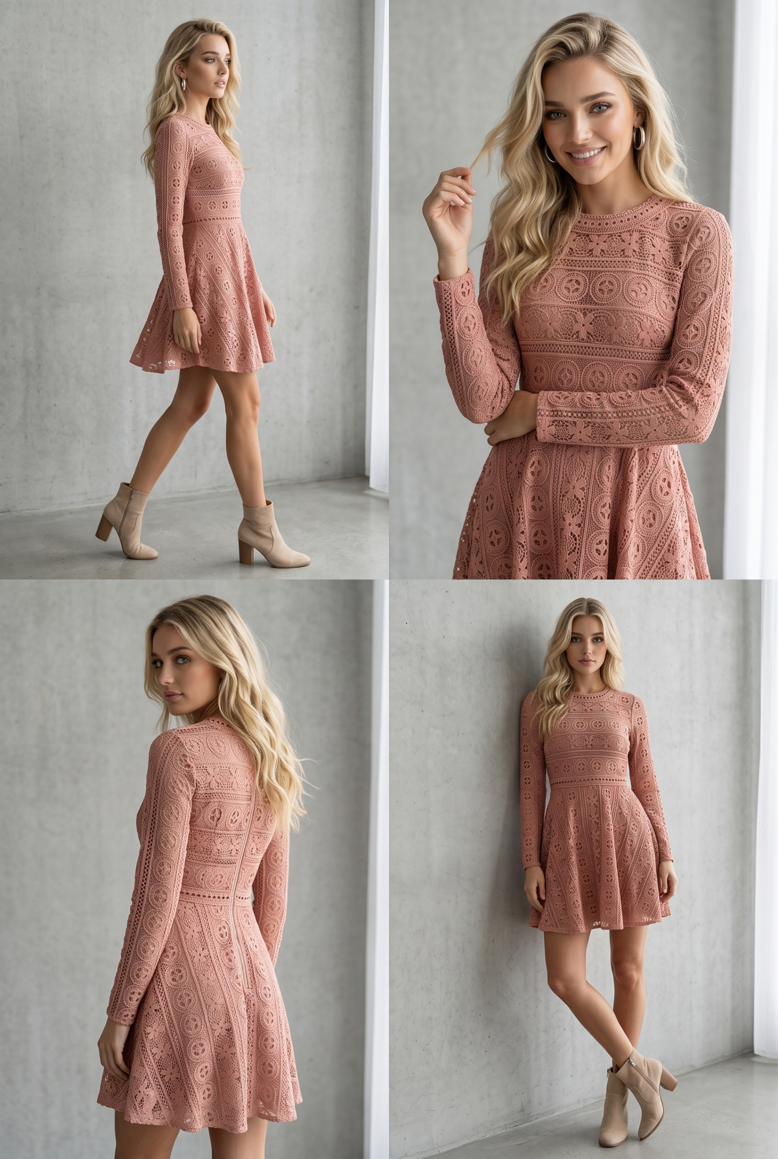 Grossiste Lily Mcbee - Robe courte en dentelle guipure structurée & manches longues – Rose Poudré