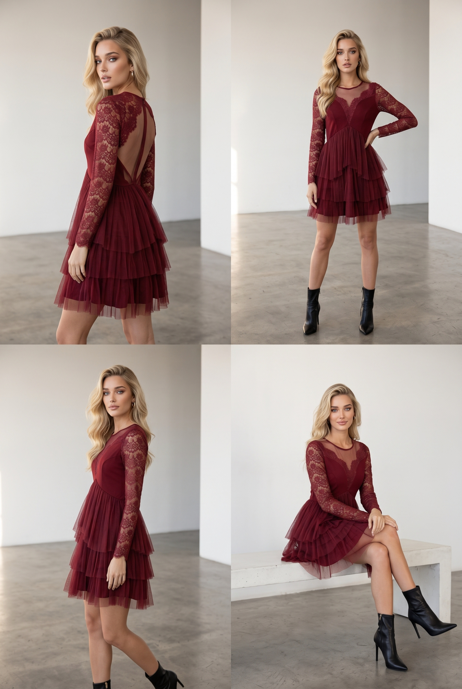 Grossiste Lily Mcbee - Robe Bordeaux en Dentelle & Volants – Élégance Romantique