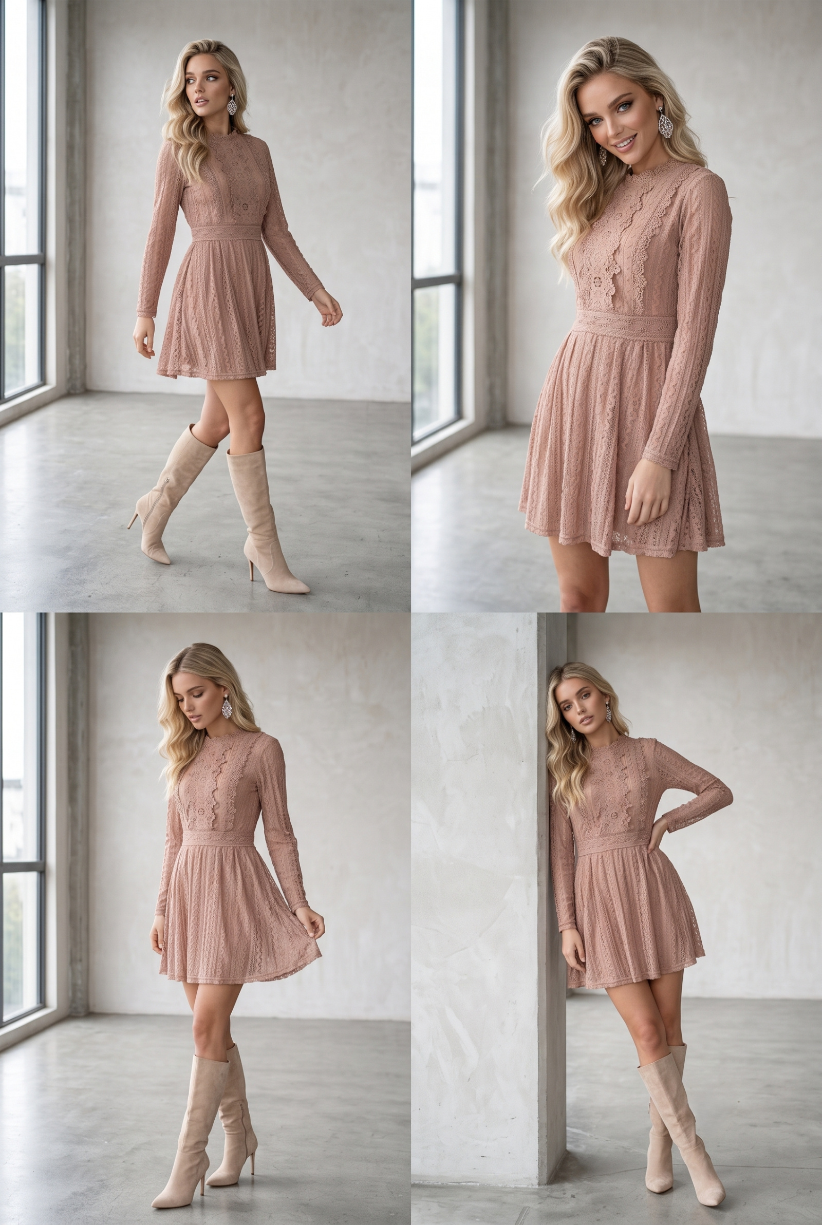 Grossiste Lily Mcbee - Robe courte patineuse en dentelle bicolore à col montant – Rose Nude