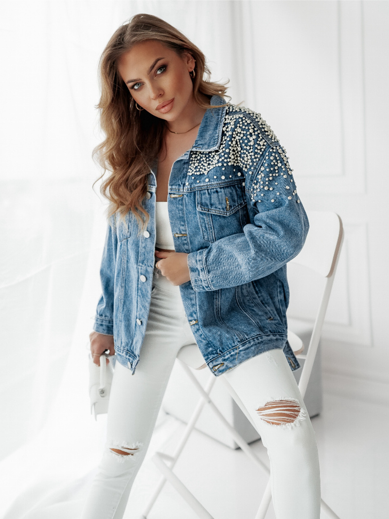 Mayorista Lily Mcbee - Chaqueta Vaquera Azul Oversize con Perlas y Strass