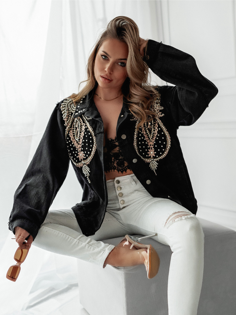 Grossista Lily Mcbee - Giubbotto oversize in denim con ricami e perle