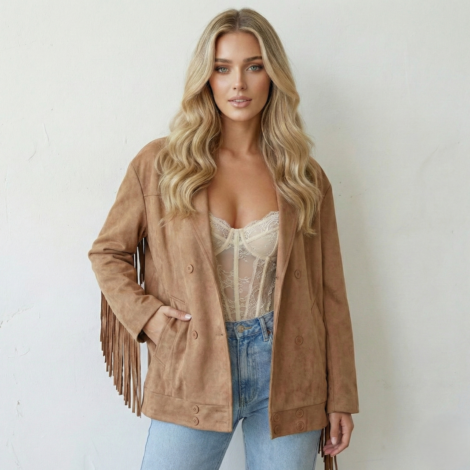 Mayorista Lily Mcbee - Chaqueta de Ante Wild West – Corte de Doble Botonadura y Flecos Oversize