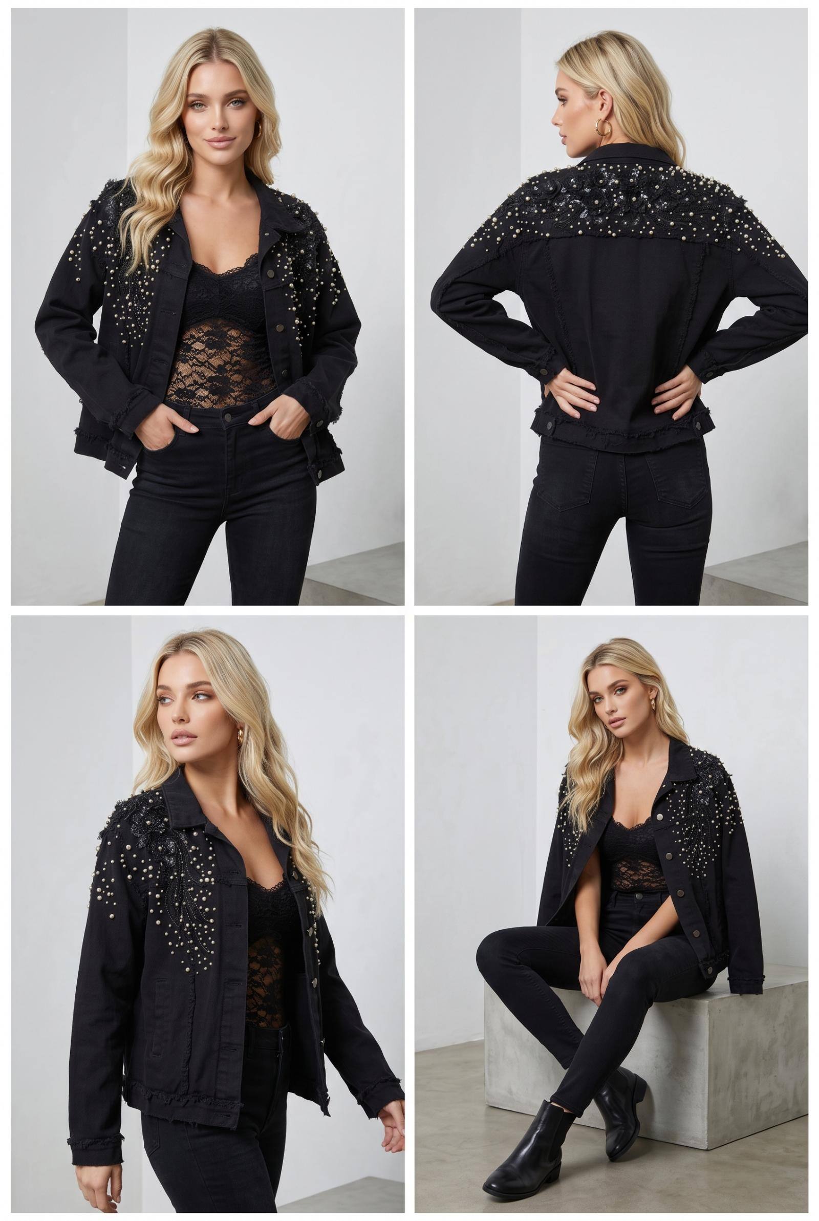 Großhändler Lily Mcbee - Schwarze Jeansjacke mit Perlen und Blumenstickerei verziert