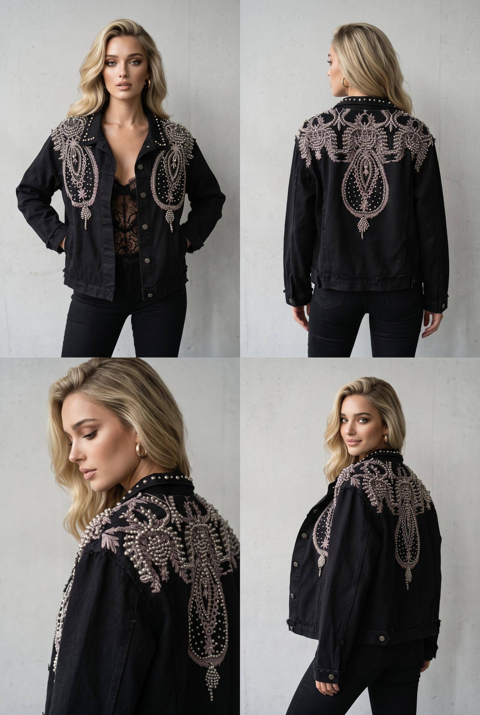 Grossiste Lily Mcbee - Veste oversize en Jean Noir Ornée de Broderies Paisley et Perles