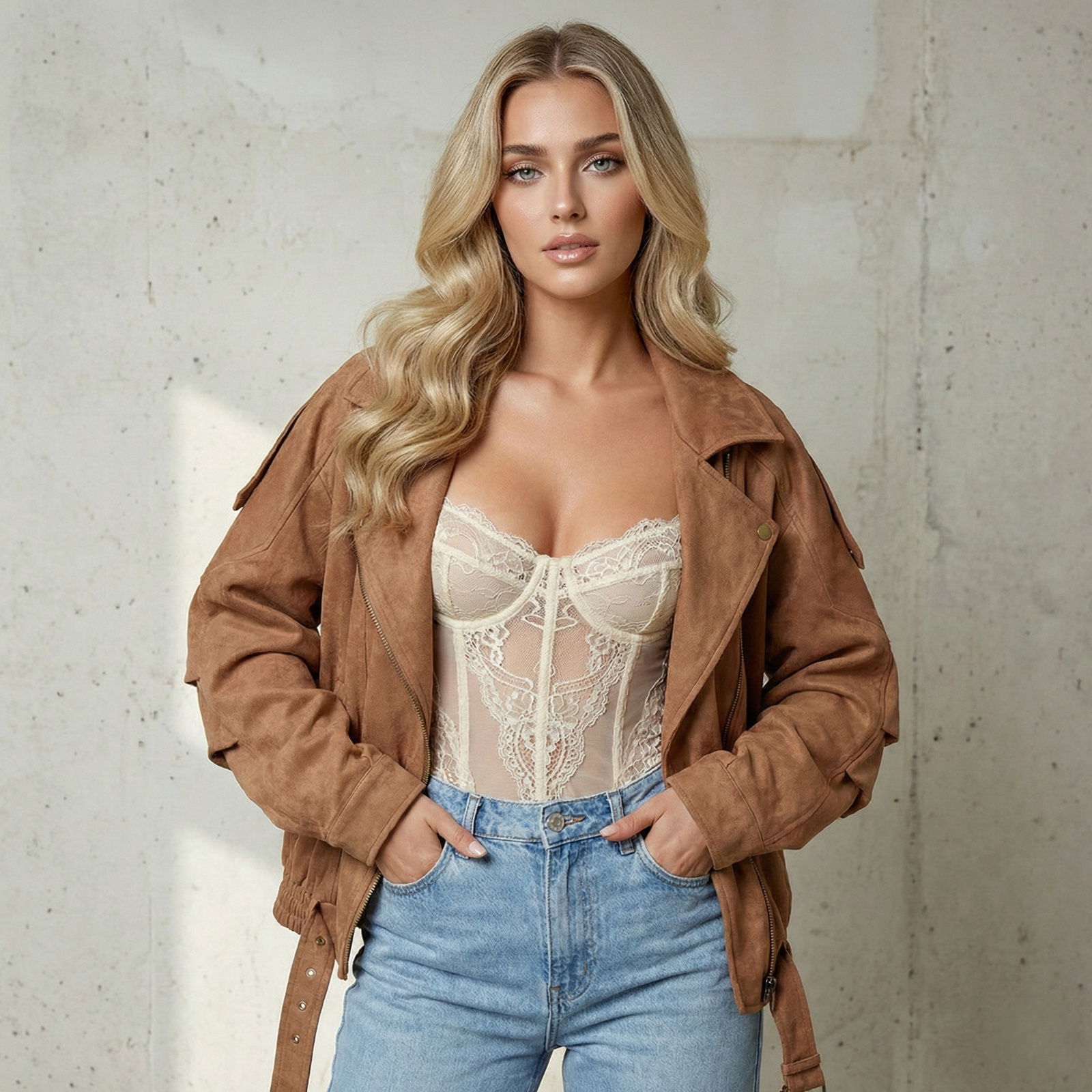 Mayorista Lily Mcbee - Chaqueta de Ante Neo-Retro – Ante Camel