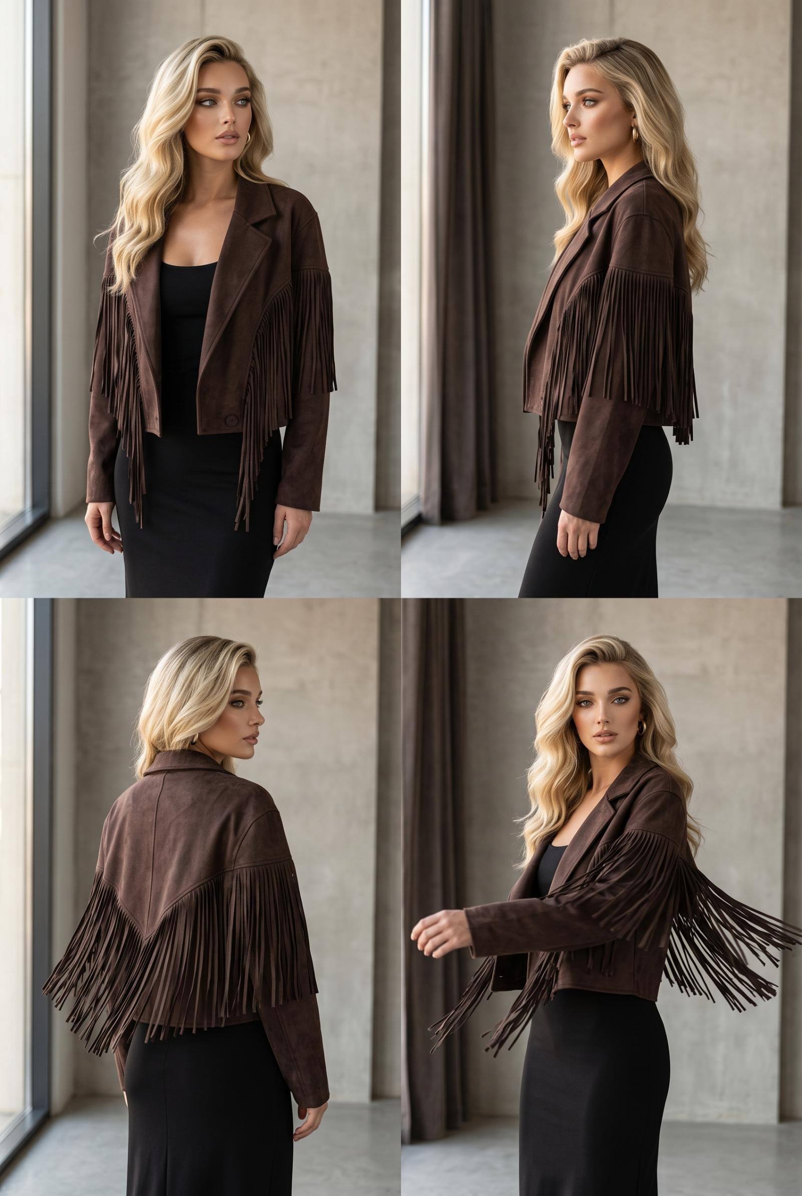Grossista Lily Mcbee - Giacca corta in camoscio marrone con frange - Taglio blazer incrociato