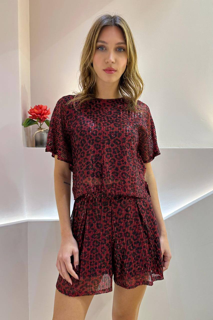 Top sequins à motif léopard