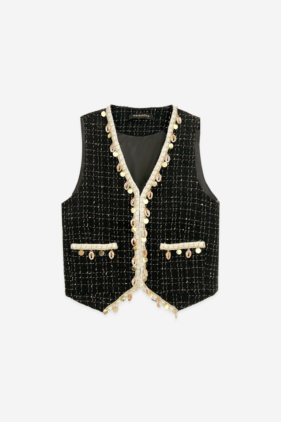 Mayorista ELLI WHITE - Chaleco Sin Mangas de Tweed Negro con Detalles de Conchas